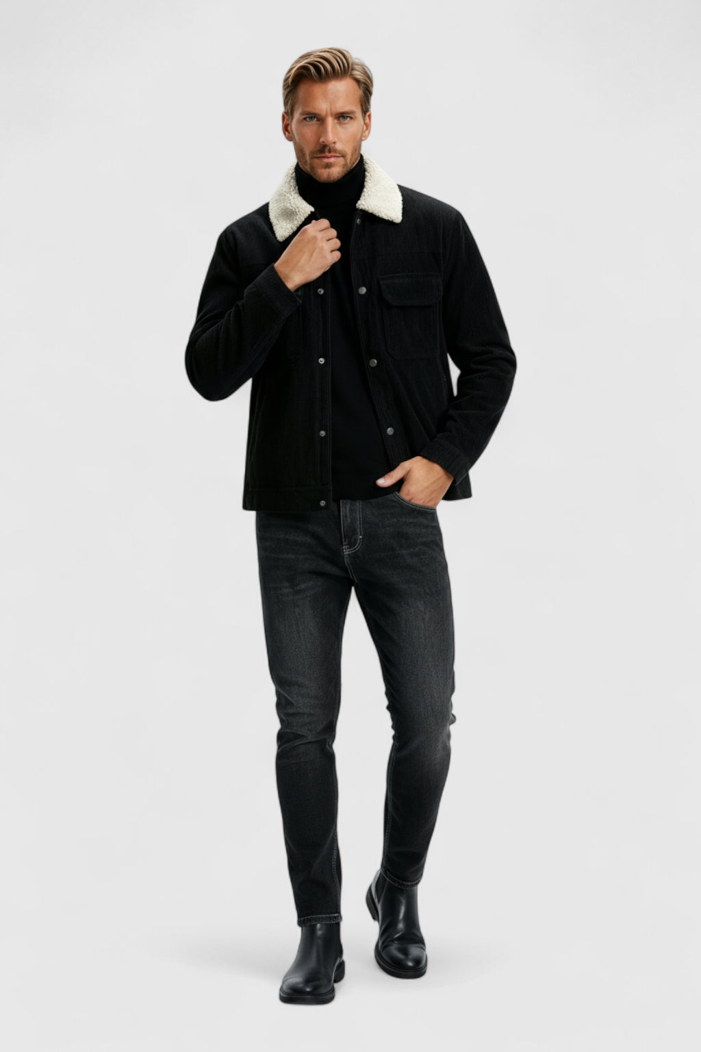 Herrejakke i fløjl med sherpa-krave og trykknapper - Sort - - Jakker - Valmont Wear
