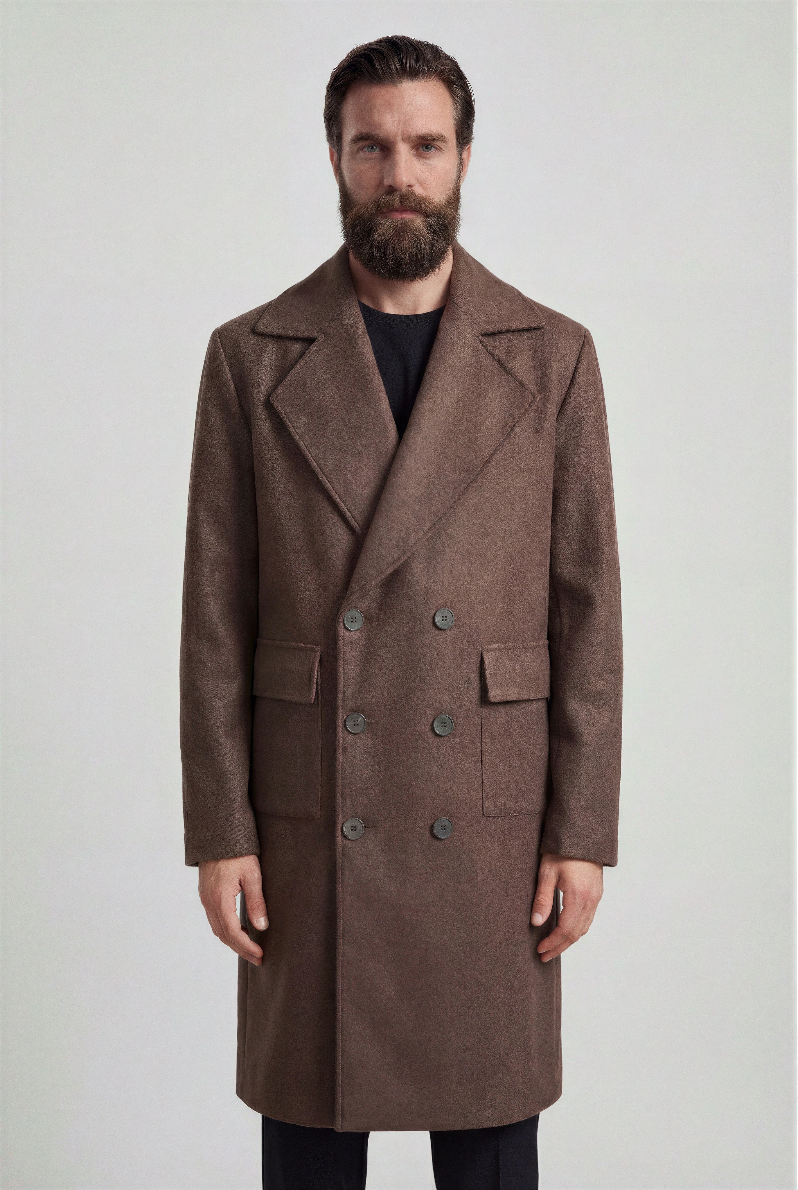 Herre dobbeltbrystet ulden frakke i brun, knælængde