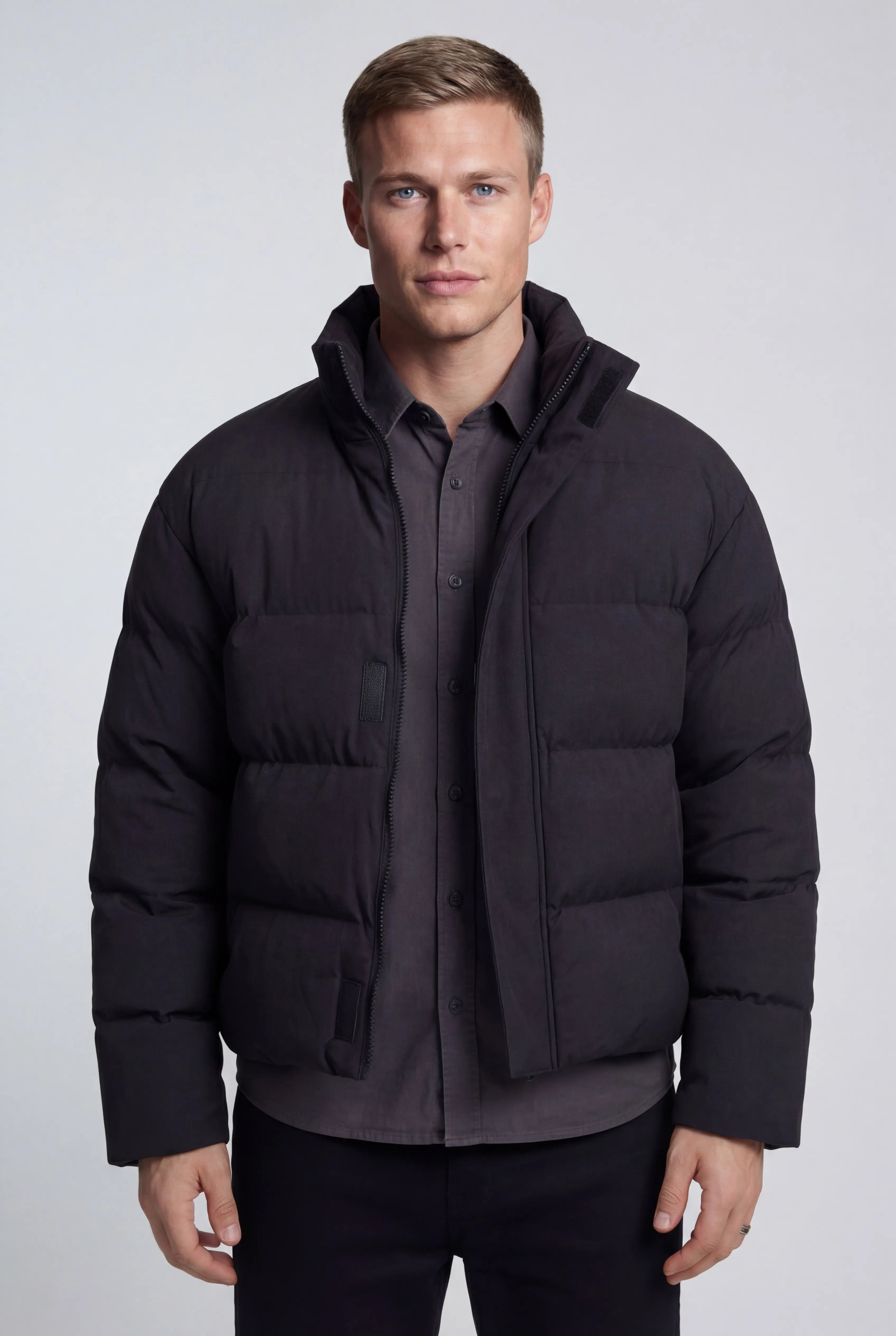 Herre Kort Quiltet Pufferjakke – Sort – Oversized Pasform