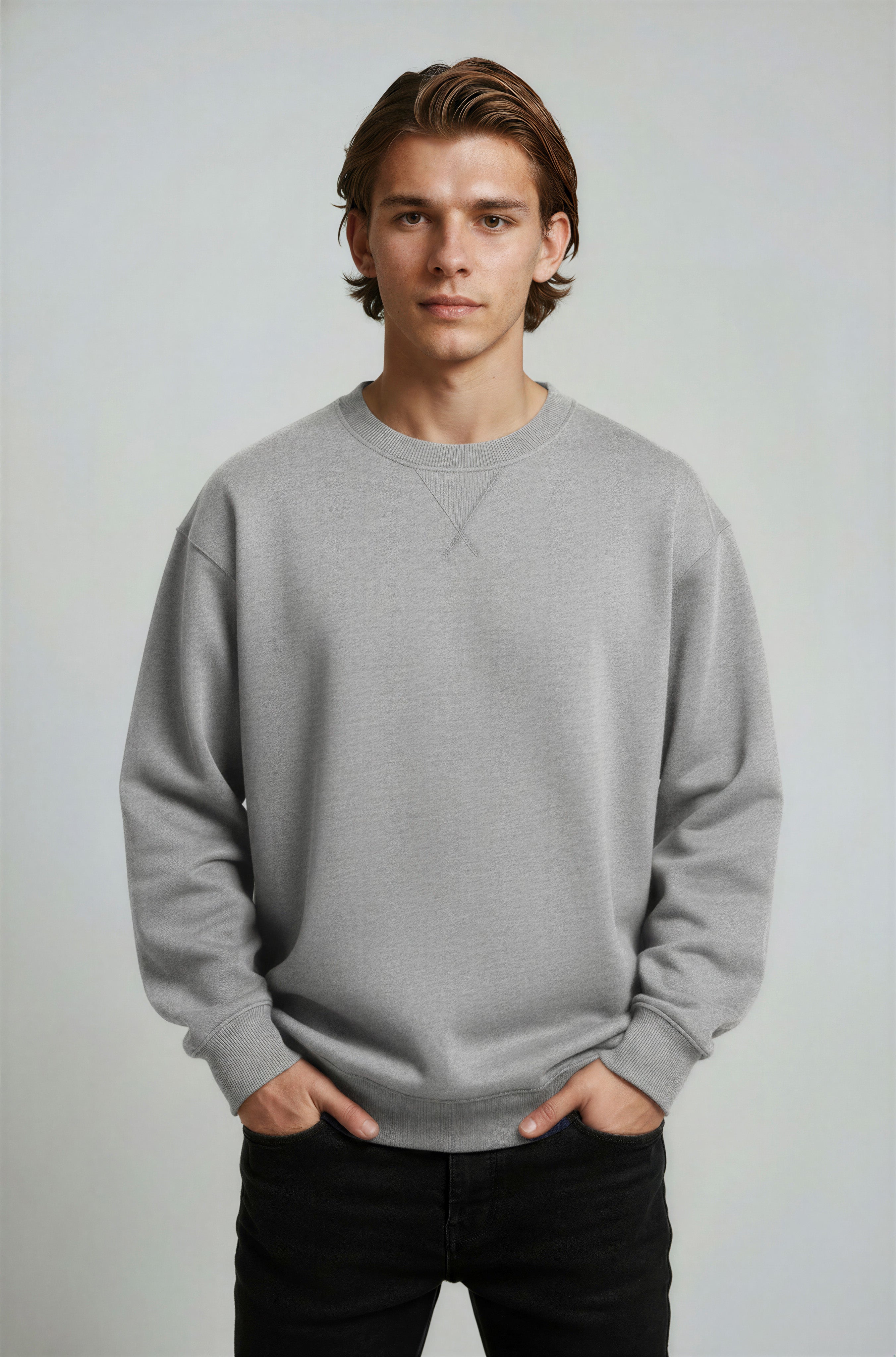 Herre Heavyweight Oversized Rundhalset Striktrøje – Grå - Grå - Sweater - Valmont Wear