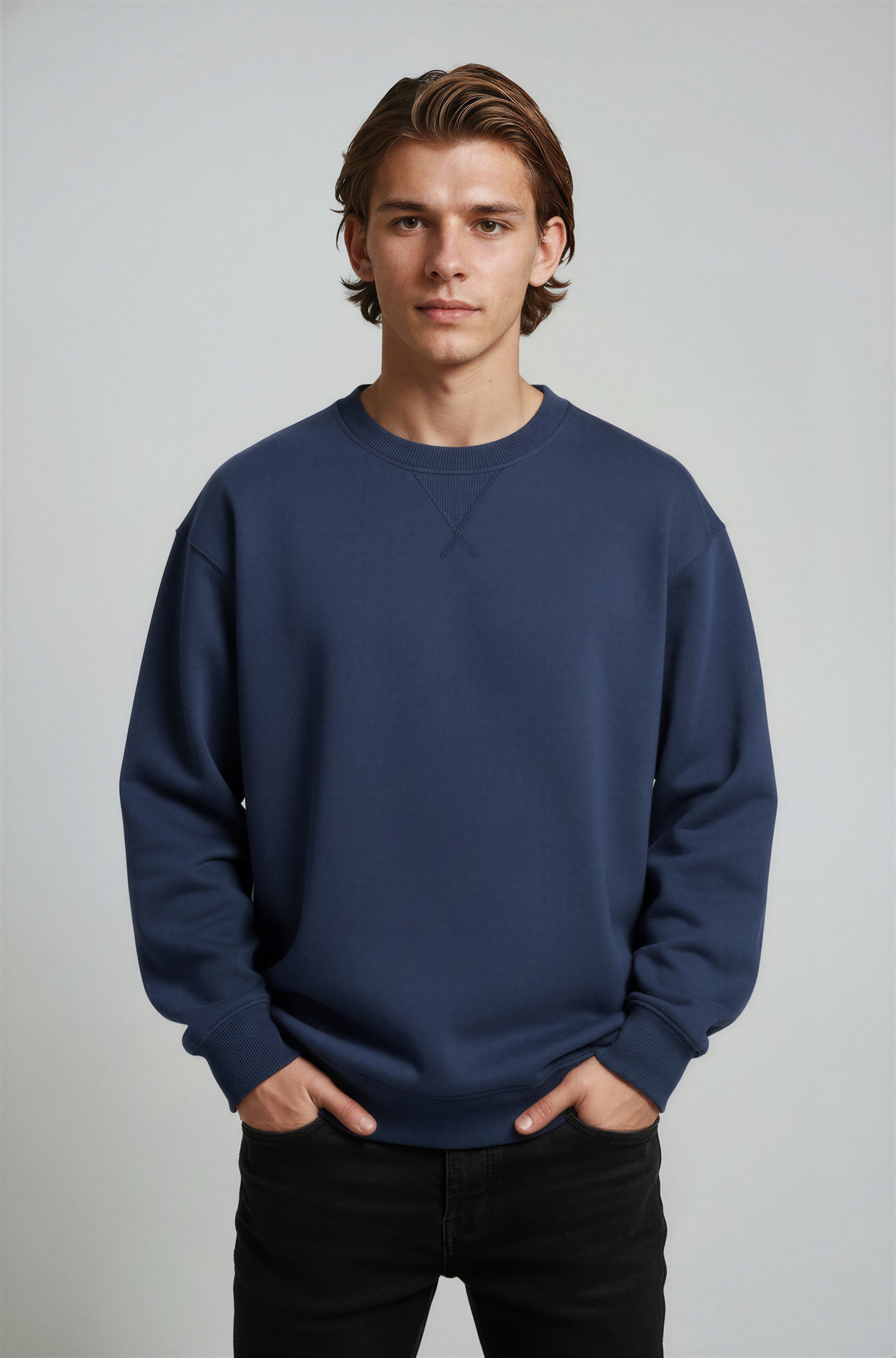 Herre Heavyweight Oversized Rundhalset Striktrøje – Marineblå - Marineblå - Sweater - Valmont Wear