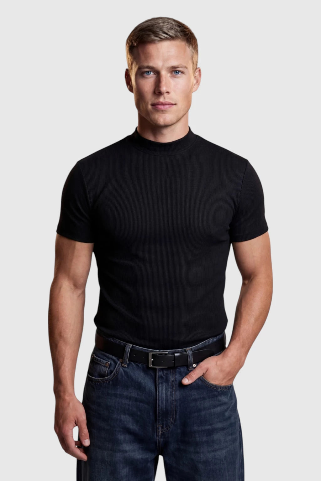 Herre Ribstrikket Mock Neck Slim Fit T-Shirt – Sort