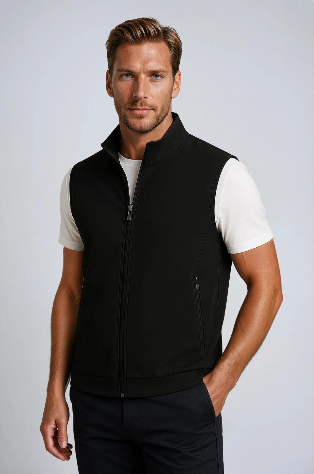 Herre Casual Ståkrave Vest med Lynlås – Sort Bomuldsblanding - Sort - Veste - Valmont Wear