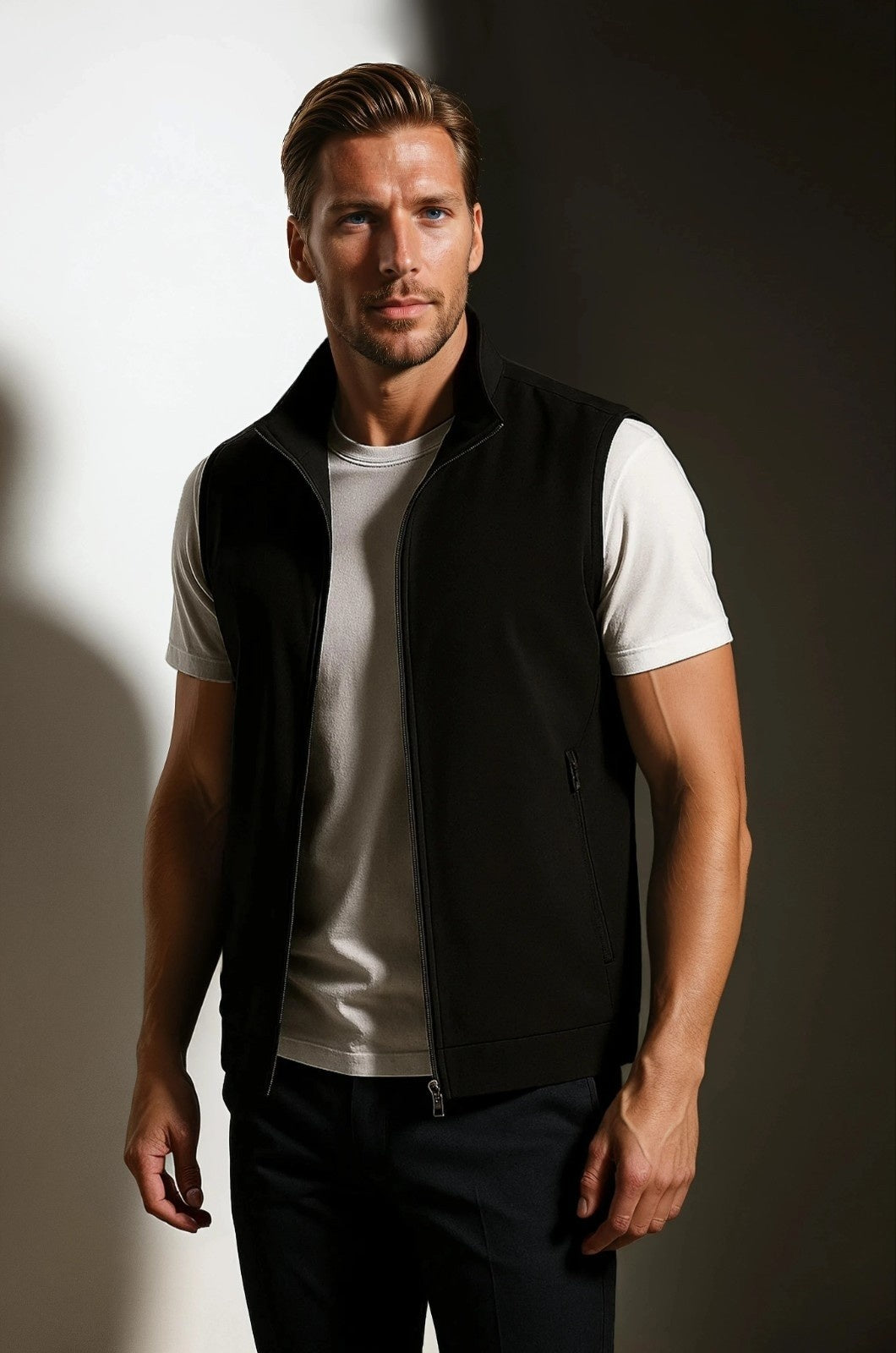 Herre Casual Ståkrave Vest med Lynlås – Sort Bomuldsblanding - - Veste - Valmont Wear