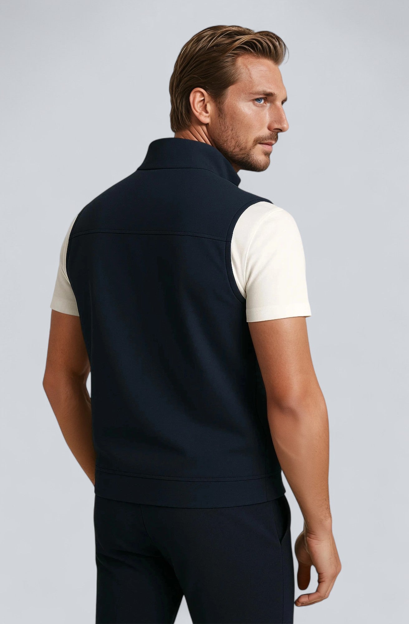 Herre Casual Ståkrave Vest med Lynlås – Marineblå Bomuldsblanding - - Veste - Valmont Wear