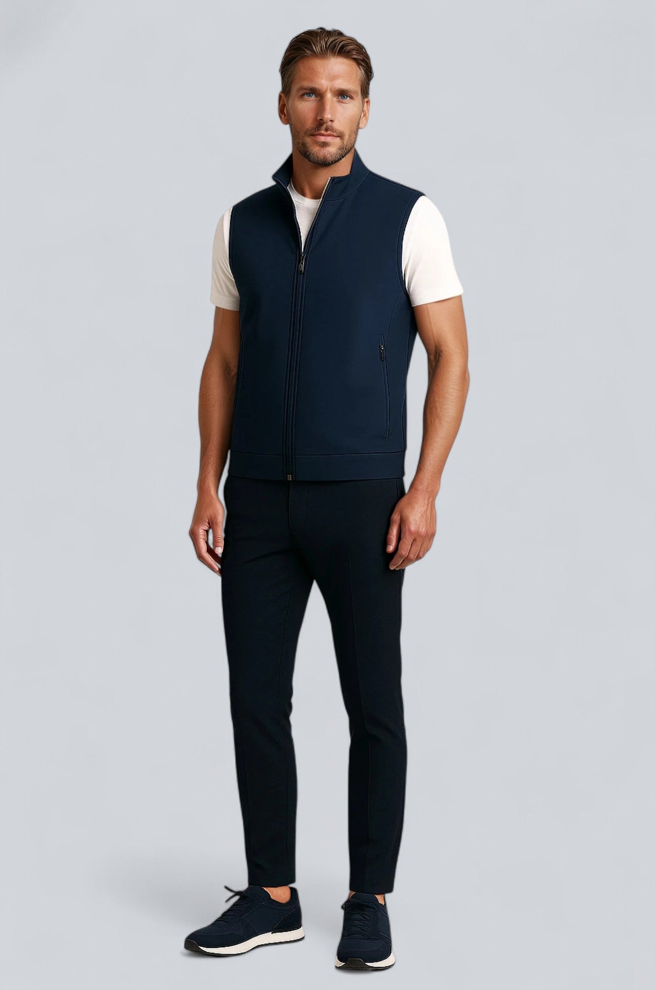 Herre Casual Ståkrave Vest med Lynlås – Marineblå Bomuldsblanding - - Veste - Valmont Wear