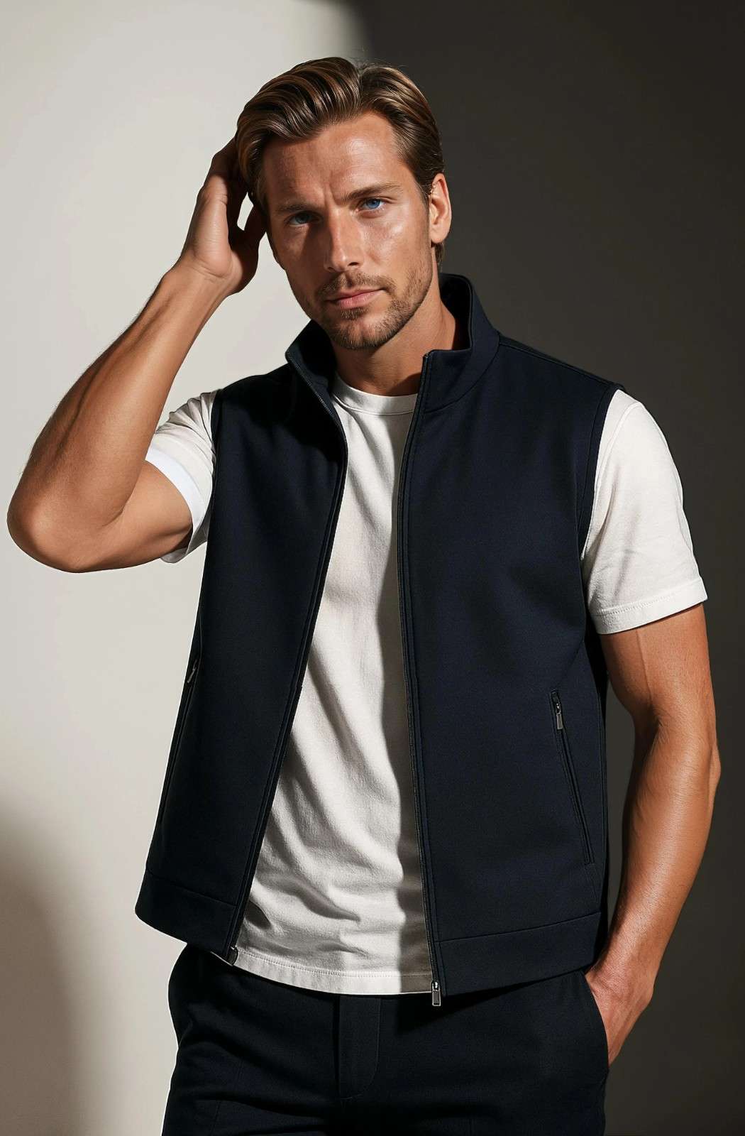 Herre Casual Ståkrave Vest med Lynlås – Marineblå Bomuldsblanding - - Veste - Valmont Wear