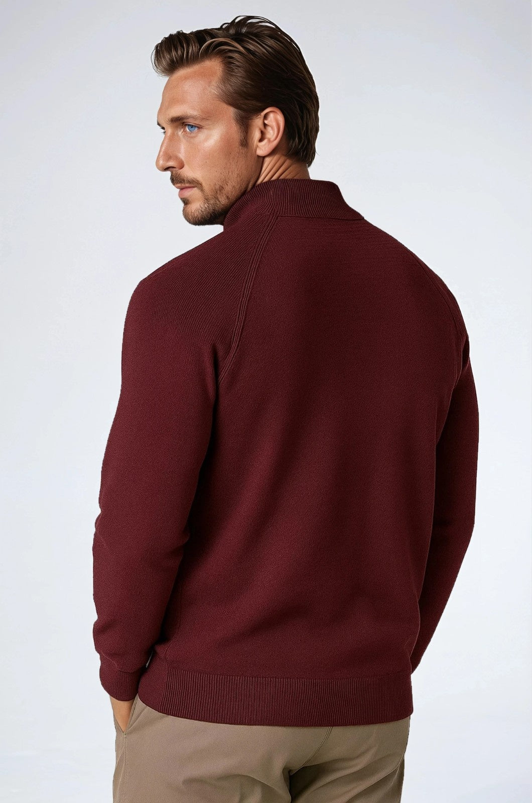Herre Half-Zip Striktrøje med Ståkrave – Bourgogne - - Striktrøje - Valmont Wear