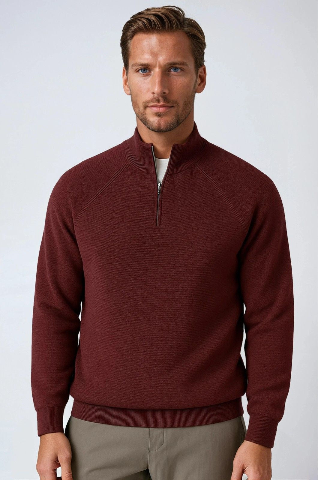 Herre Half-Zip Striktrøje med Ståkrave – Bourgogne - Bourgogne - Striktrøje - Valmont Wear