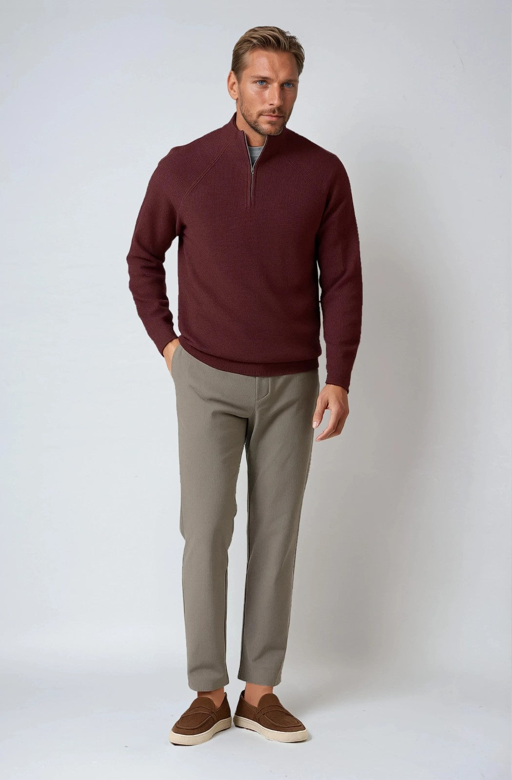 Herre Half-Zip Striktrøje med Ståkrave – Bourgogne - - Striktrøje - Valmont Wear