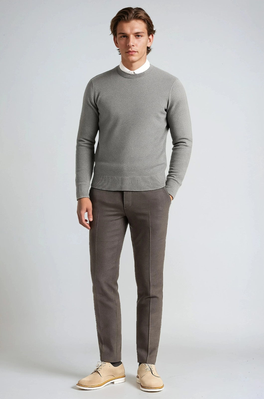Herre Klassisk Crew Neck Pullover Sweater – Ensfarvet, Ribdetaljer, Casual Fit – Grå - - Sweatre - Valmont Wear