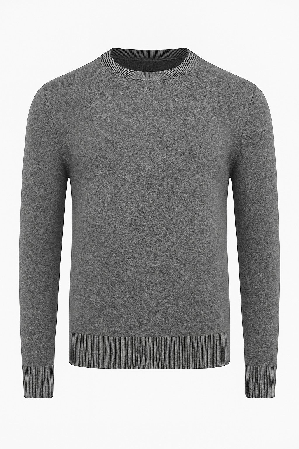 Herre Klassisk Crew Neck Pullover Sweater – Ensfarvet, Ribdetaljer, Casual Fit – Grå - - Sweatre - Valmont Wear