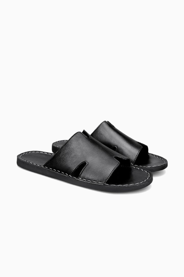 Herresandaler i Sort Læder - Slip-On Slide Komfort