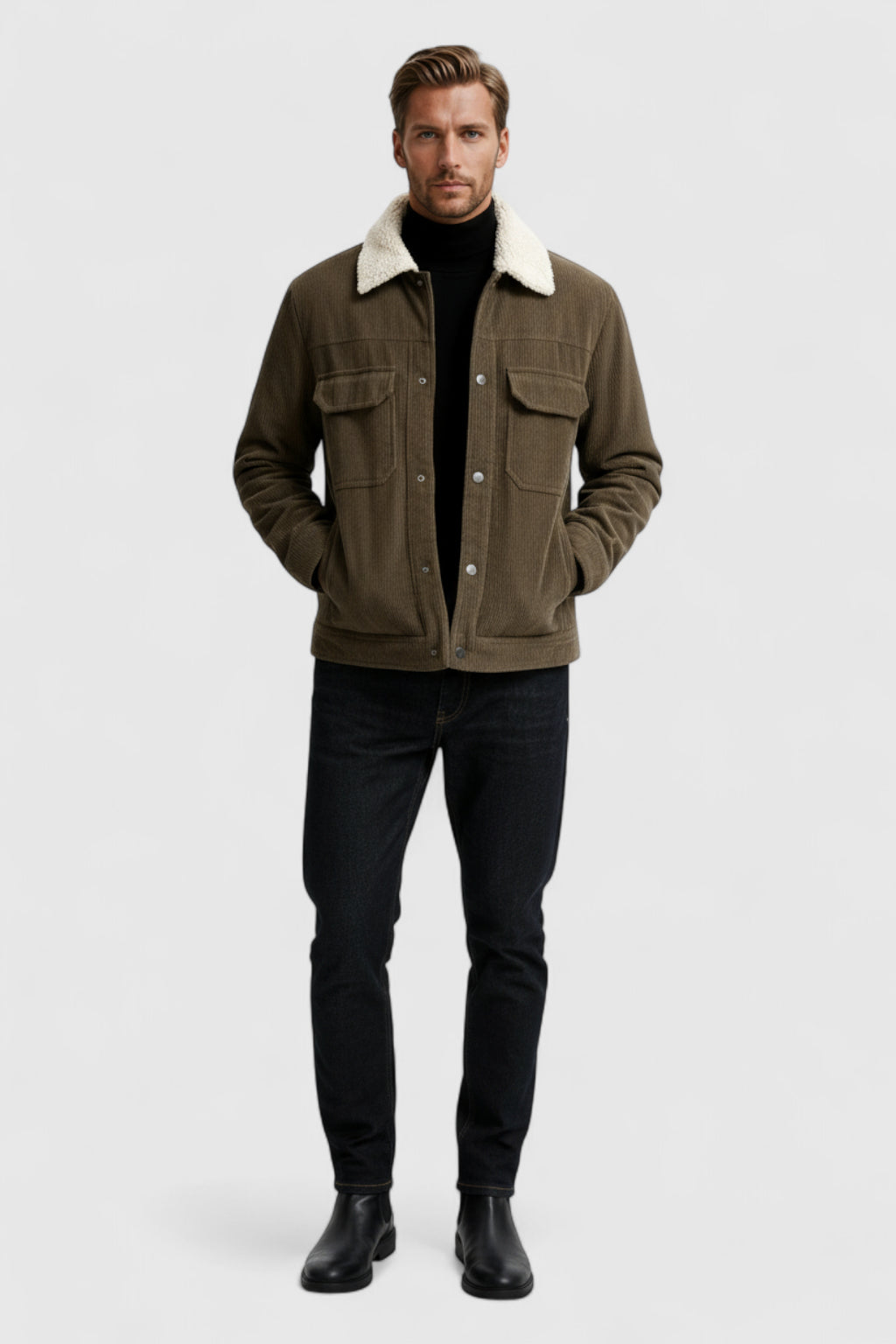 Herrejakke i fløjl med sherpa-krave og trykknapper - Kaffebrun - - Jakker - Valmont Wear