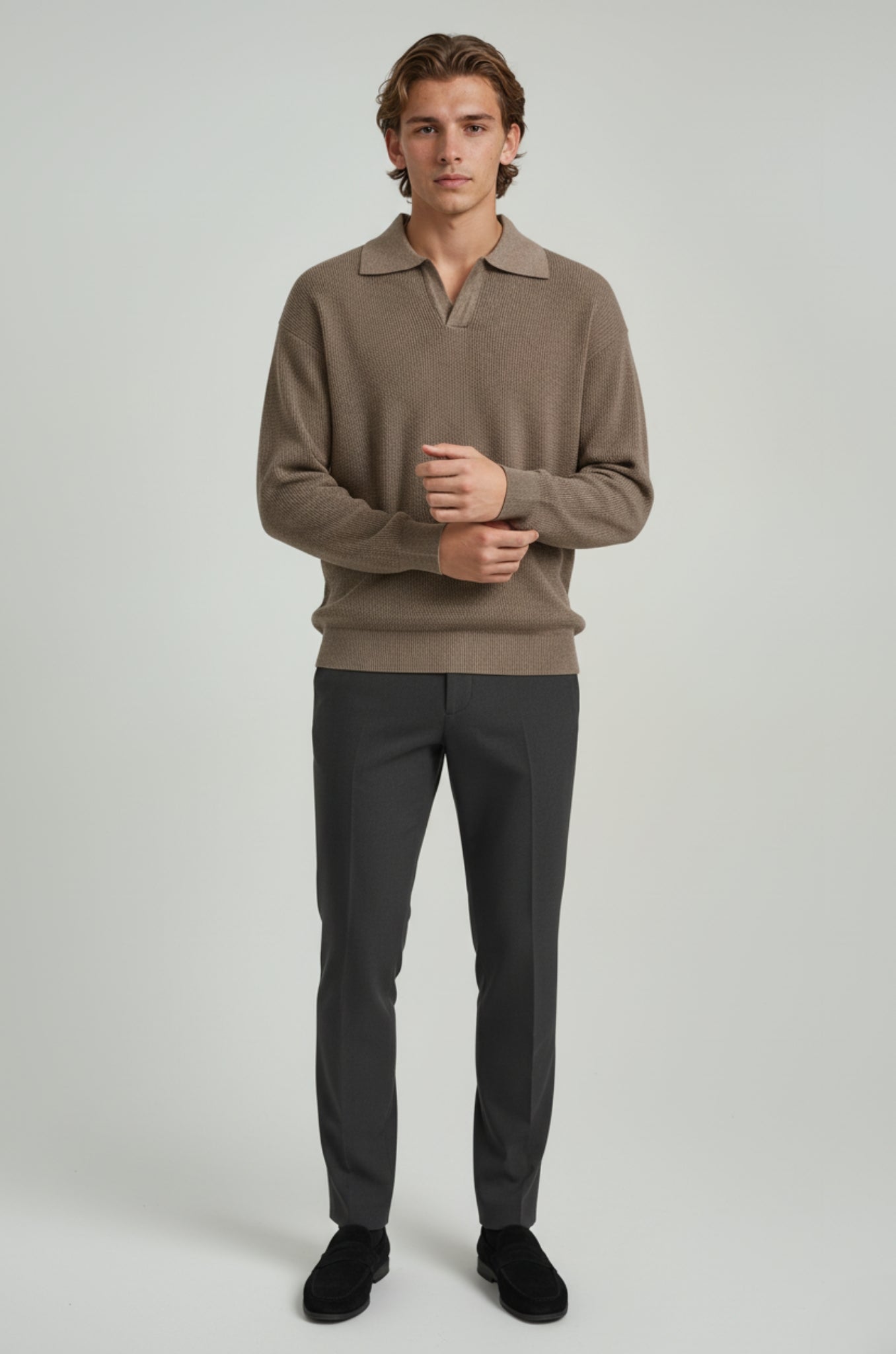 Herrestrikskjorte med lange ærmer og reverskrave – Taupebrun – Regular Fit - - Sweatre - Valmont Wear