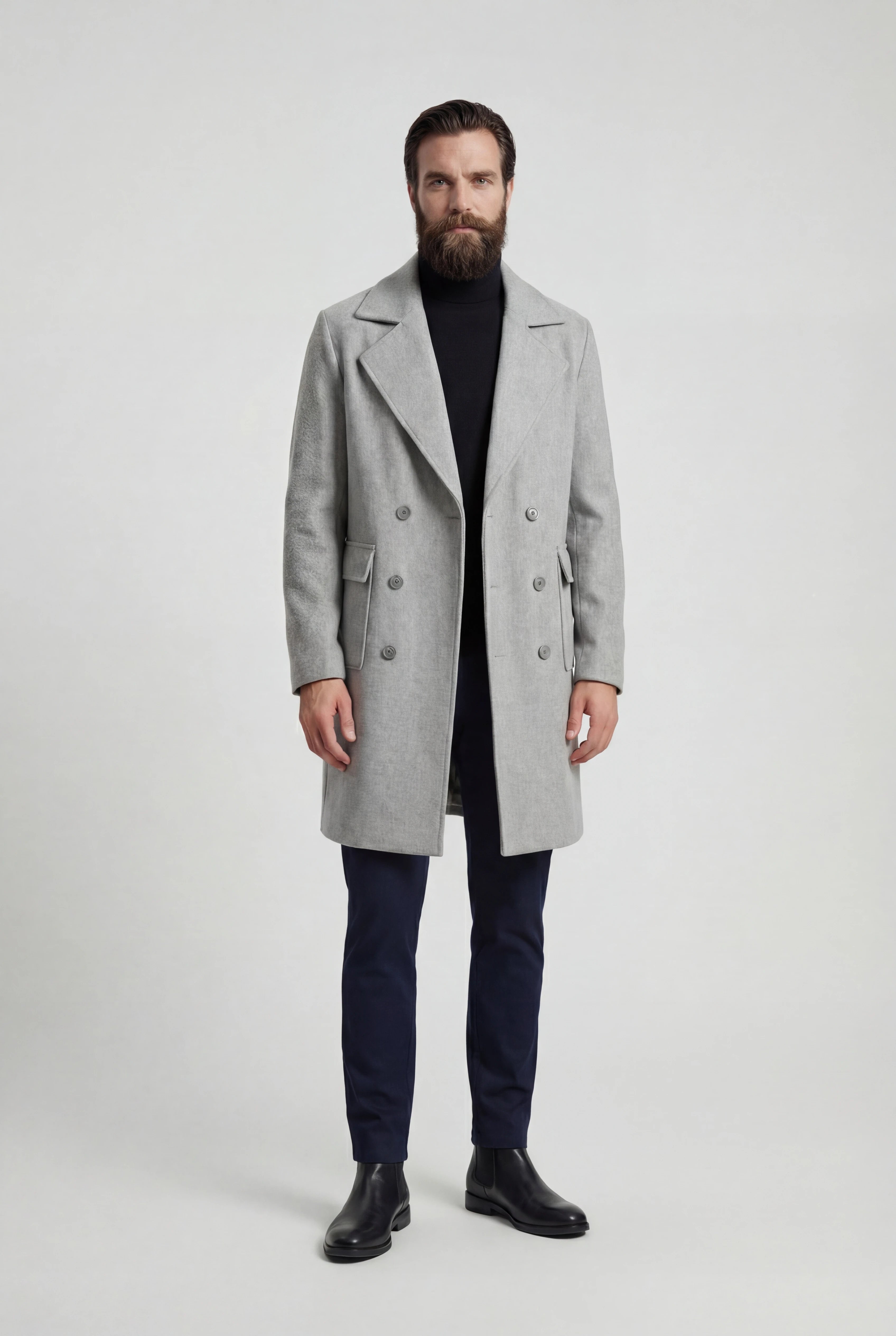 Herre dobbeltradet uldfrakke, knælængde, lysegrå