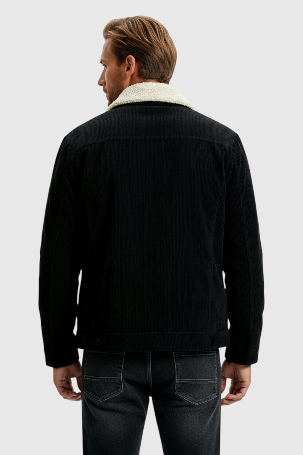 Herrejakke i fløjl med sherpa-krave og trykknapper - Sort - - Jakker - Valmont Wear