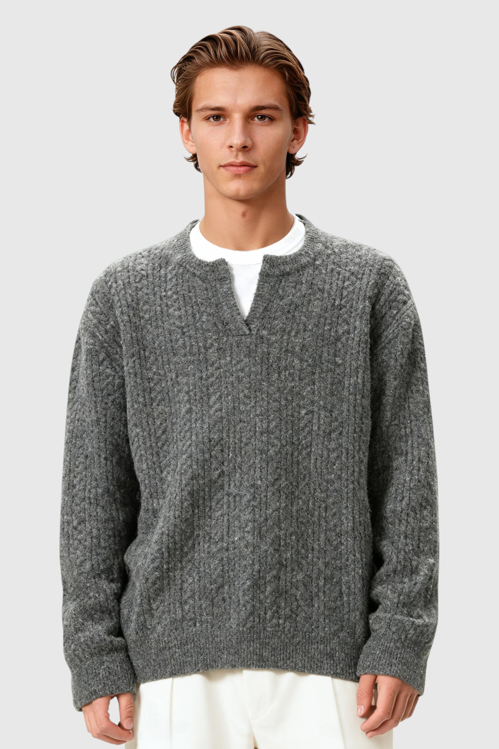Herrestrik – Kabelstrikket Sweater med Lille V-Hals – Taikoo Gray