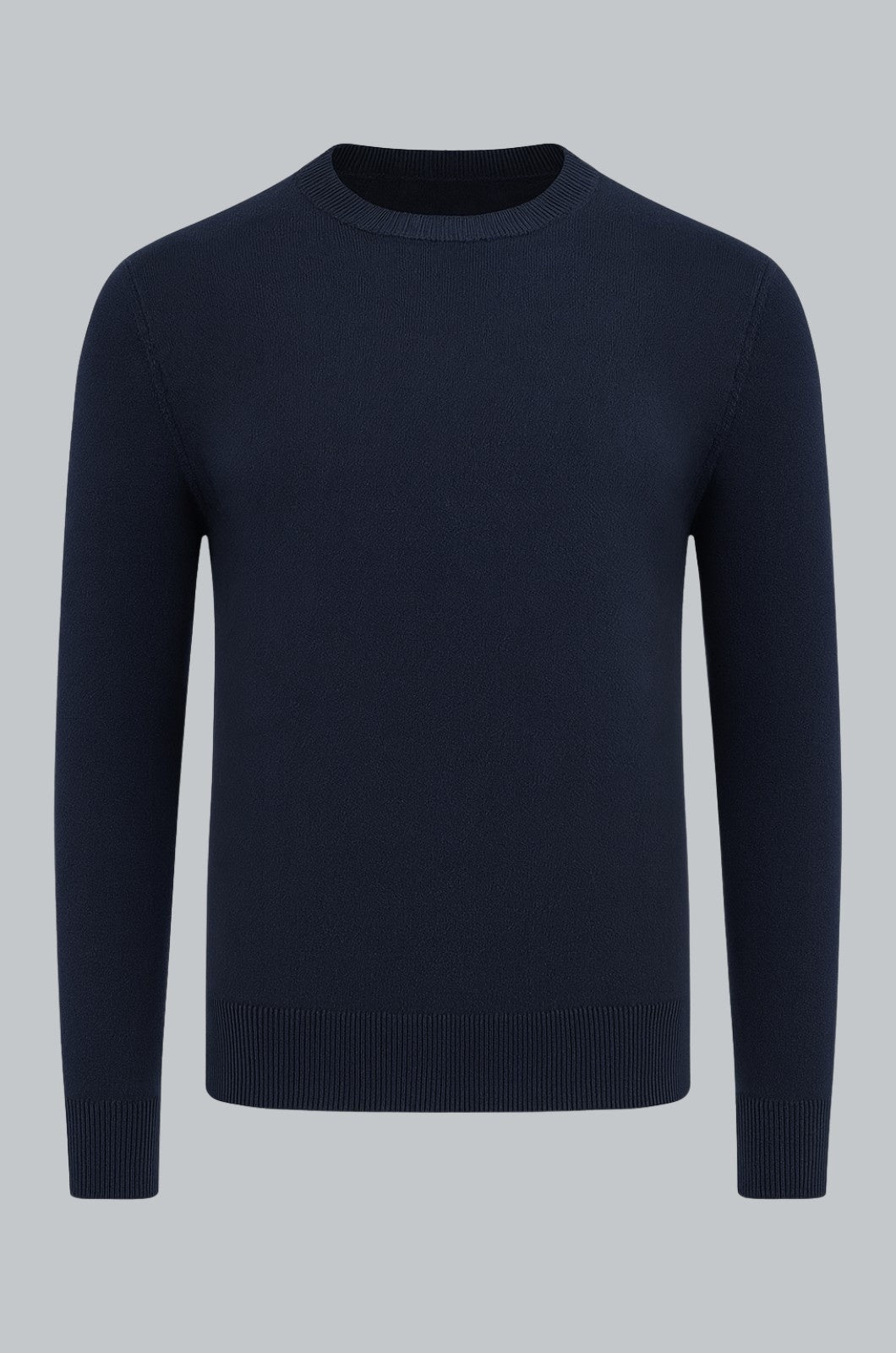 Herre Klassisk Crew Neck Pullover Sweater – Ensfarvet, Ribdetaljer, Casual Fit – Navy - - Sweater - Valmont Wear