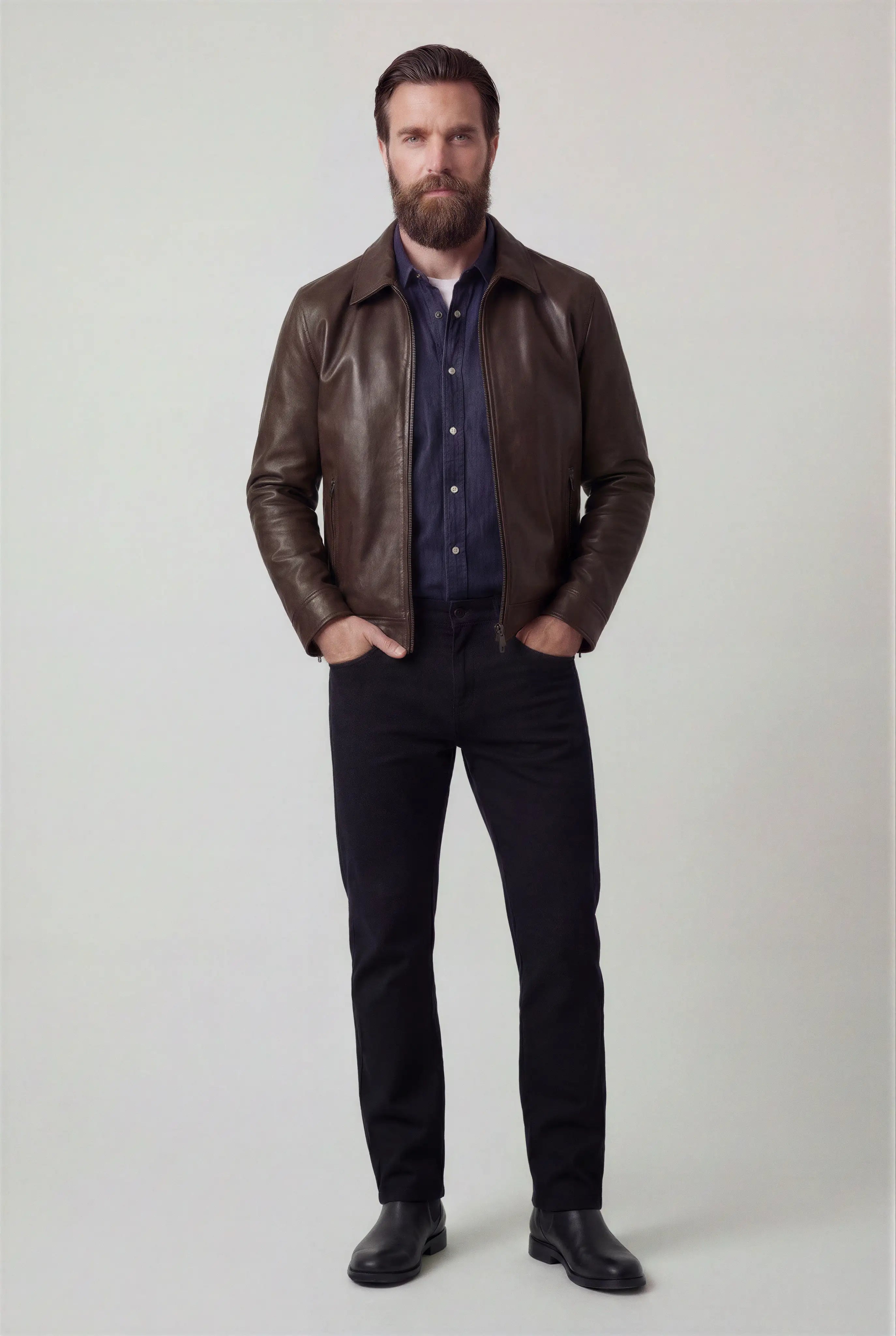 Herrejakke med læderlook og lynlåslukning – Mørkebrun