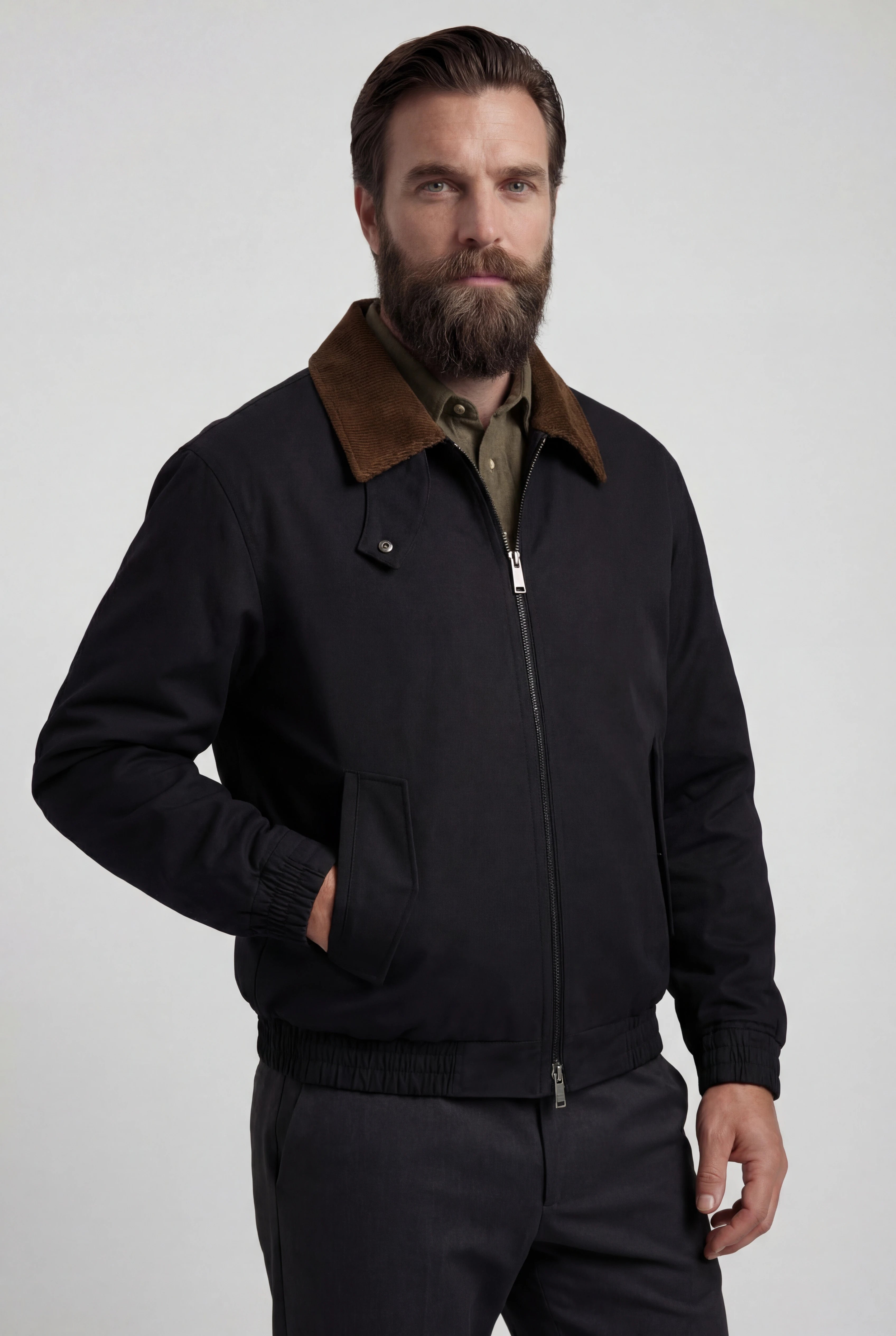 Herre kort utility-jakke med fløjlskrave – Sort