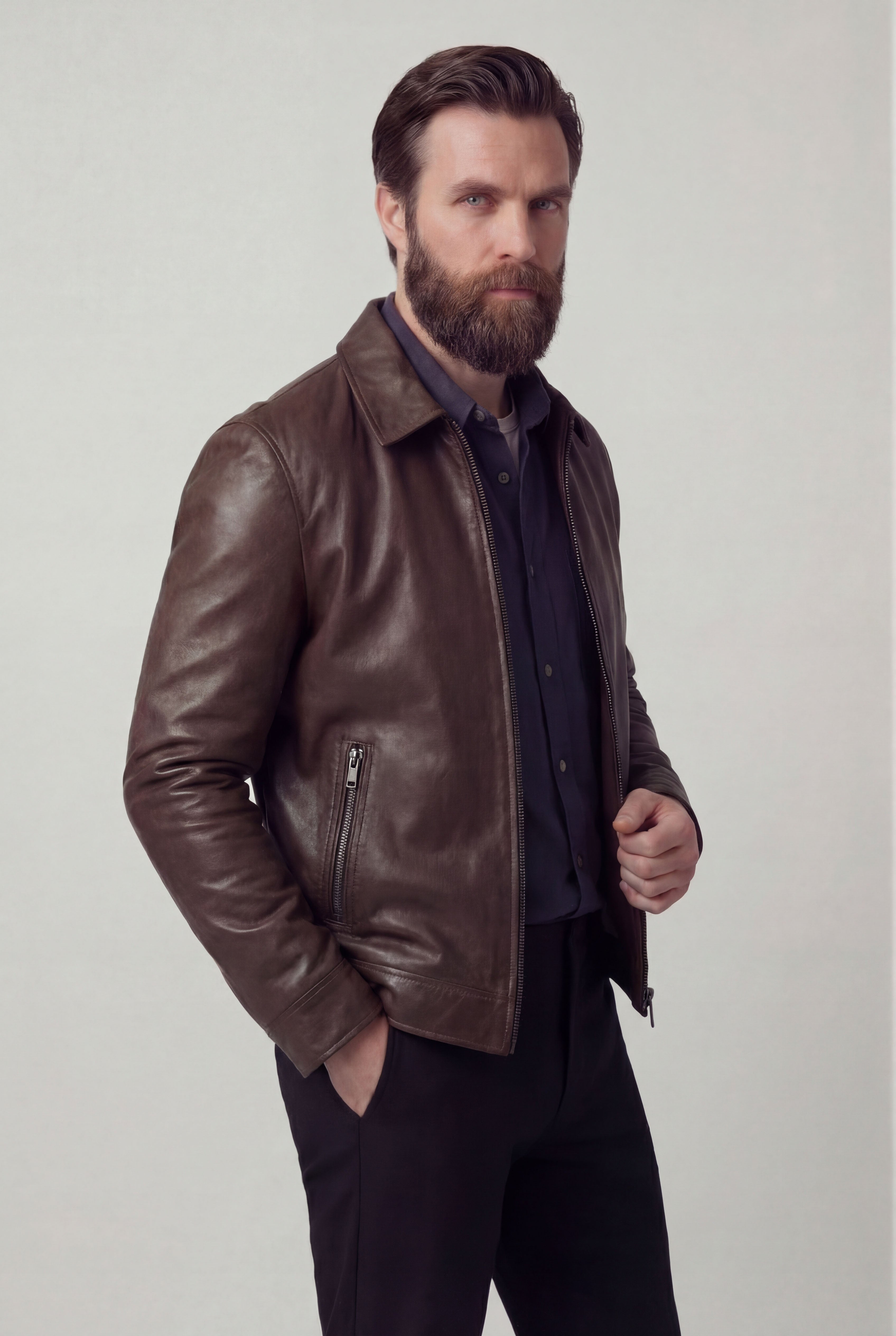 Herrejakke med læderlook og lynlåslukning – Mørkebrun