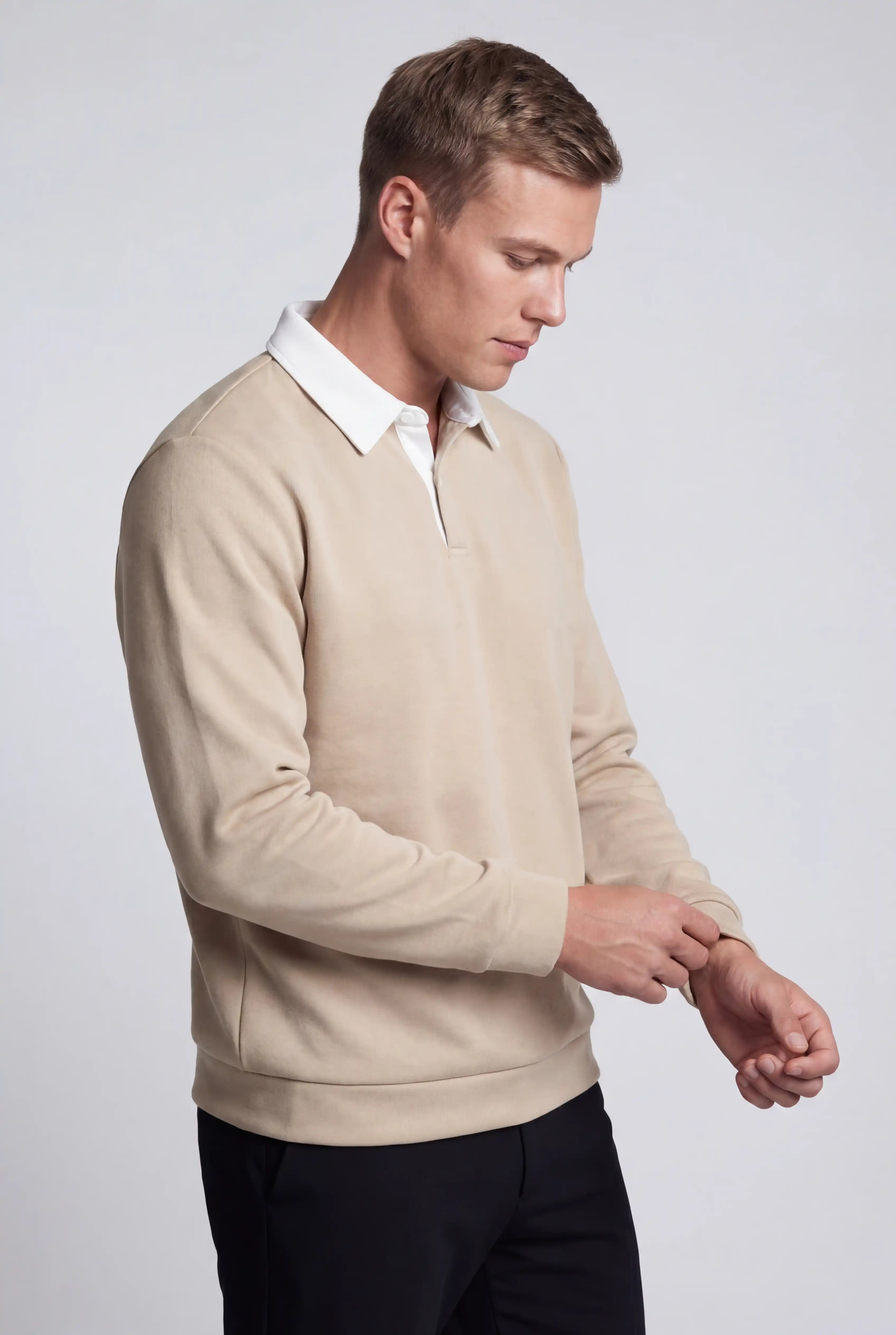 Herre Sweatshirt med Kontrastkrave og Polokrave – Beige