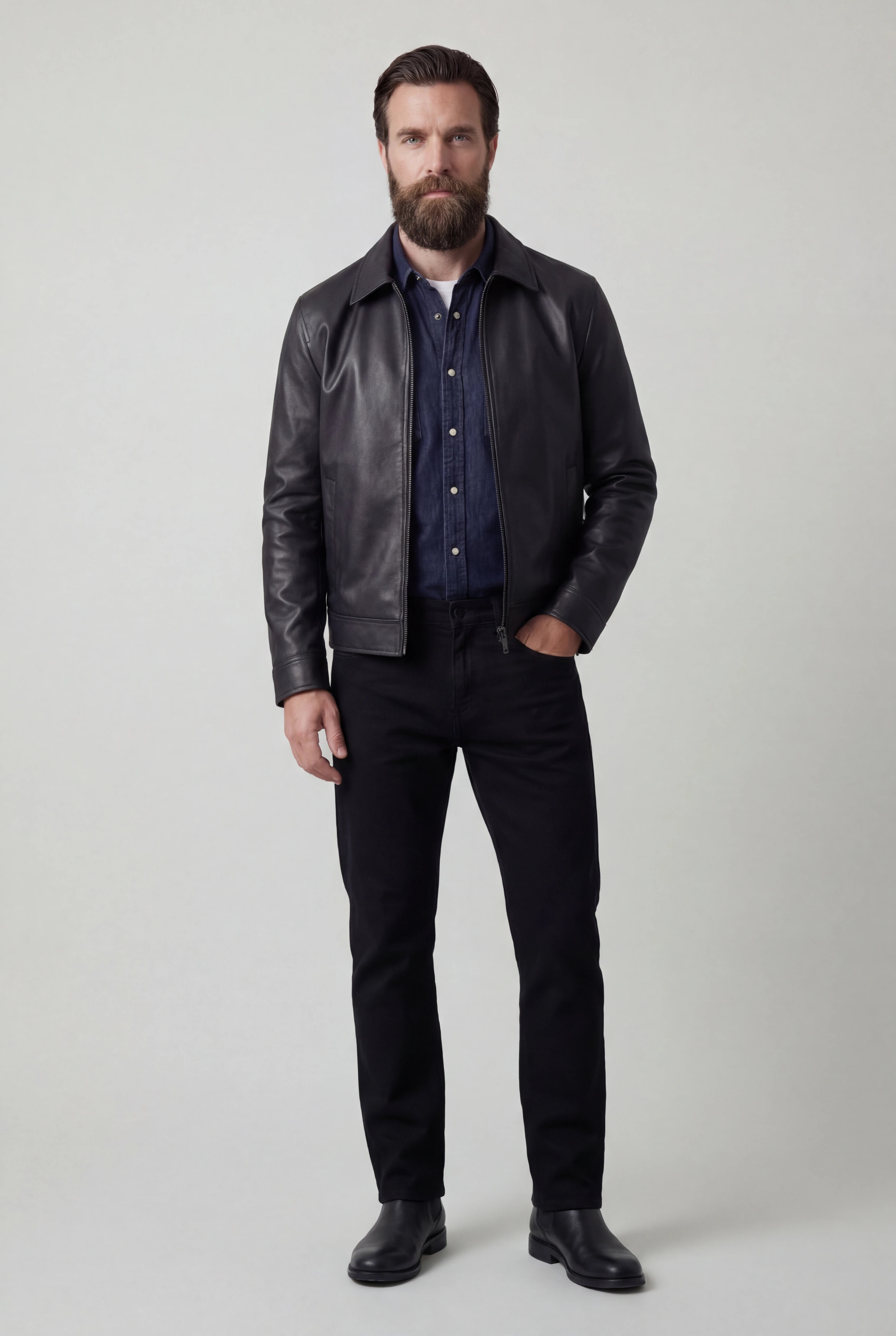 Herrejakke med læderlook og lynlåslukning – Sort