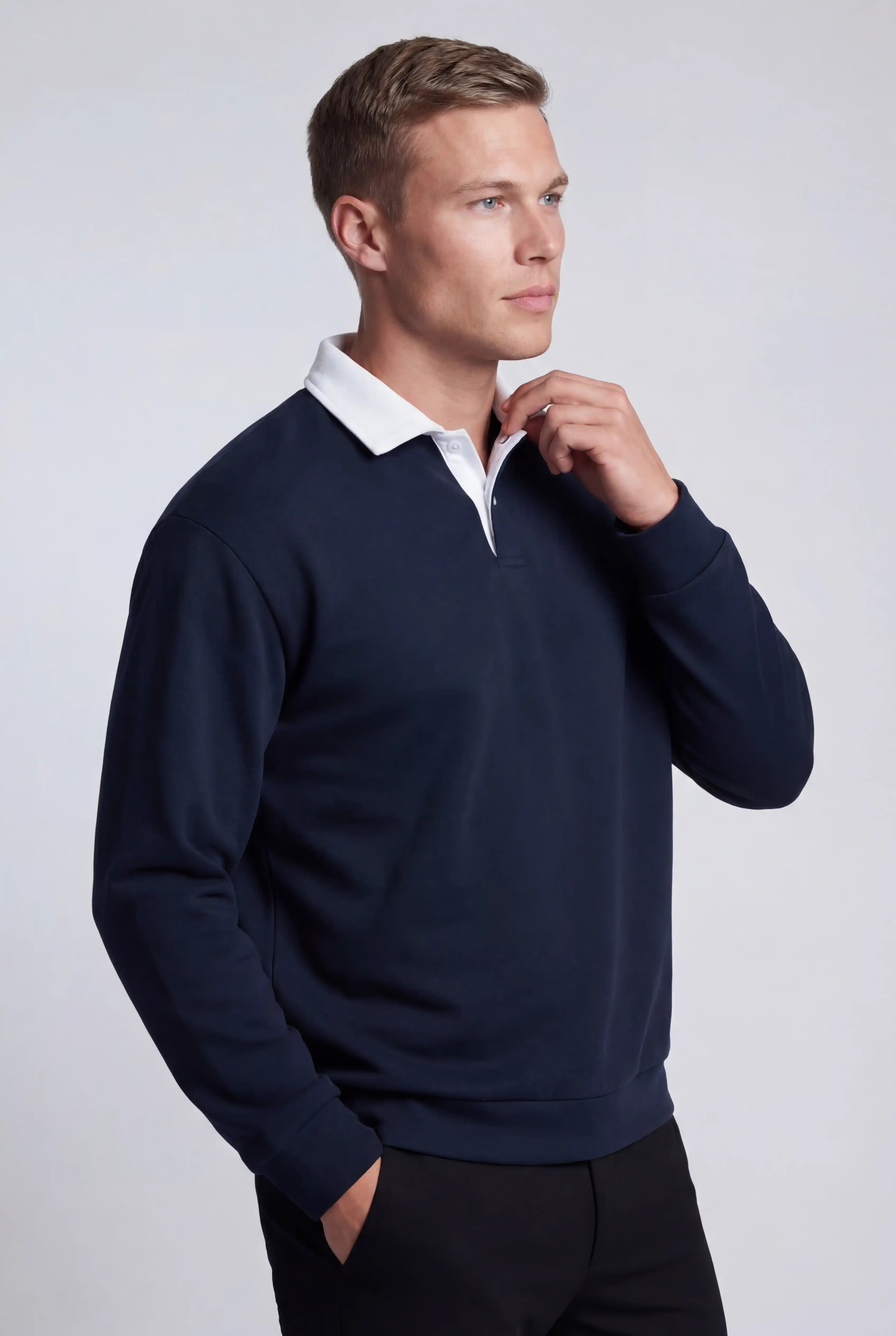 Herre Sweatshirt med Kontrastkrave og Polokrave – Mørkeblå