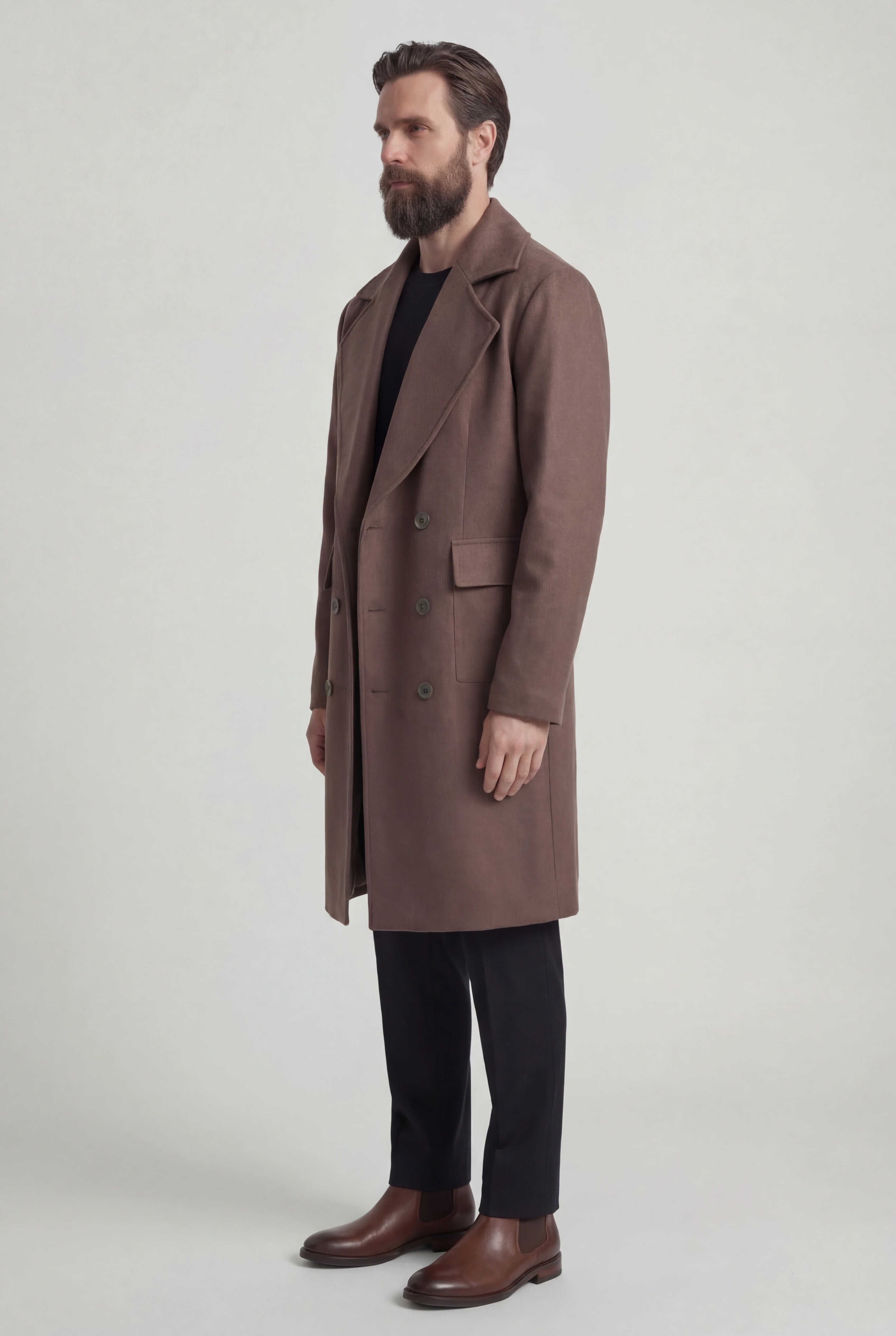 Herre dobbeltbrystet ulden frakke i brun, knælængde
