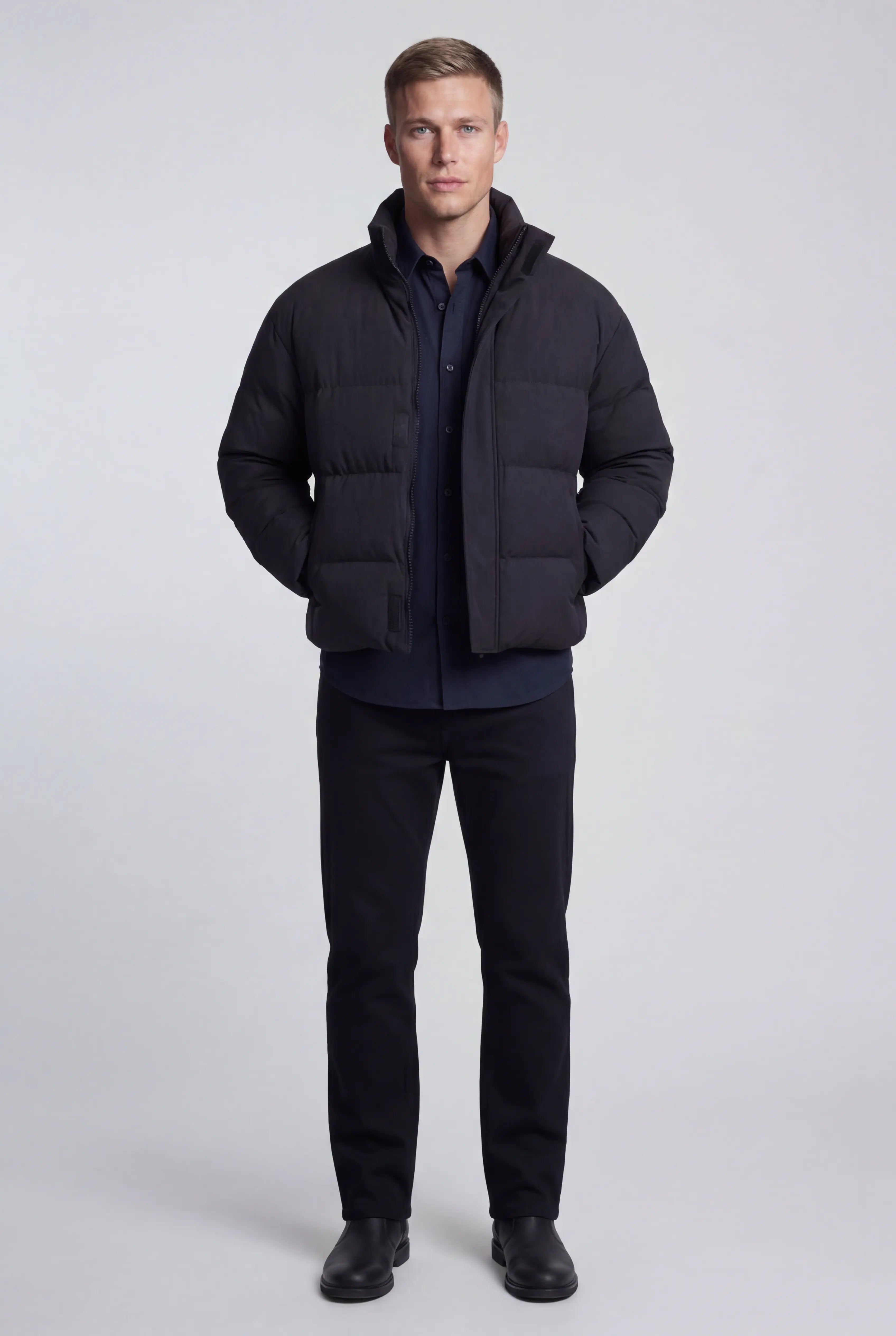 Herre Kort Quiltet Pufferjakke – Sort – Oversized Pasform