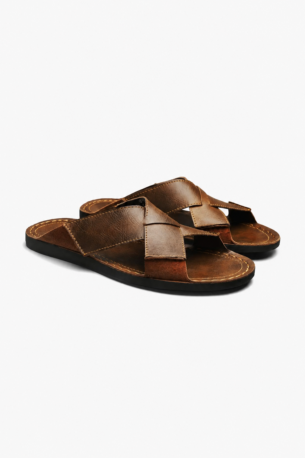 Brune Herresandaler i Læderlook – Stilfuldt Krydsrem Design - Brun - Sko - Valmont Wear