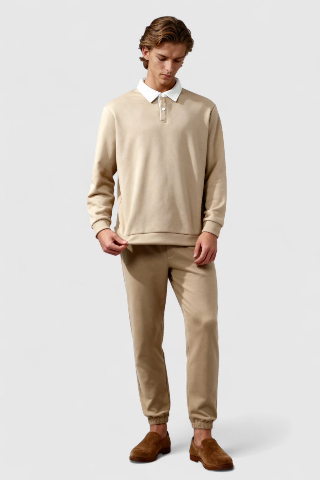 Herre Sweatshirt med Kontrastkrave og Polokrave – Beige