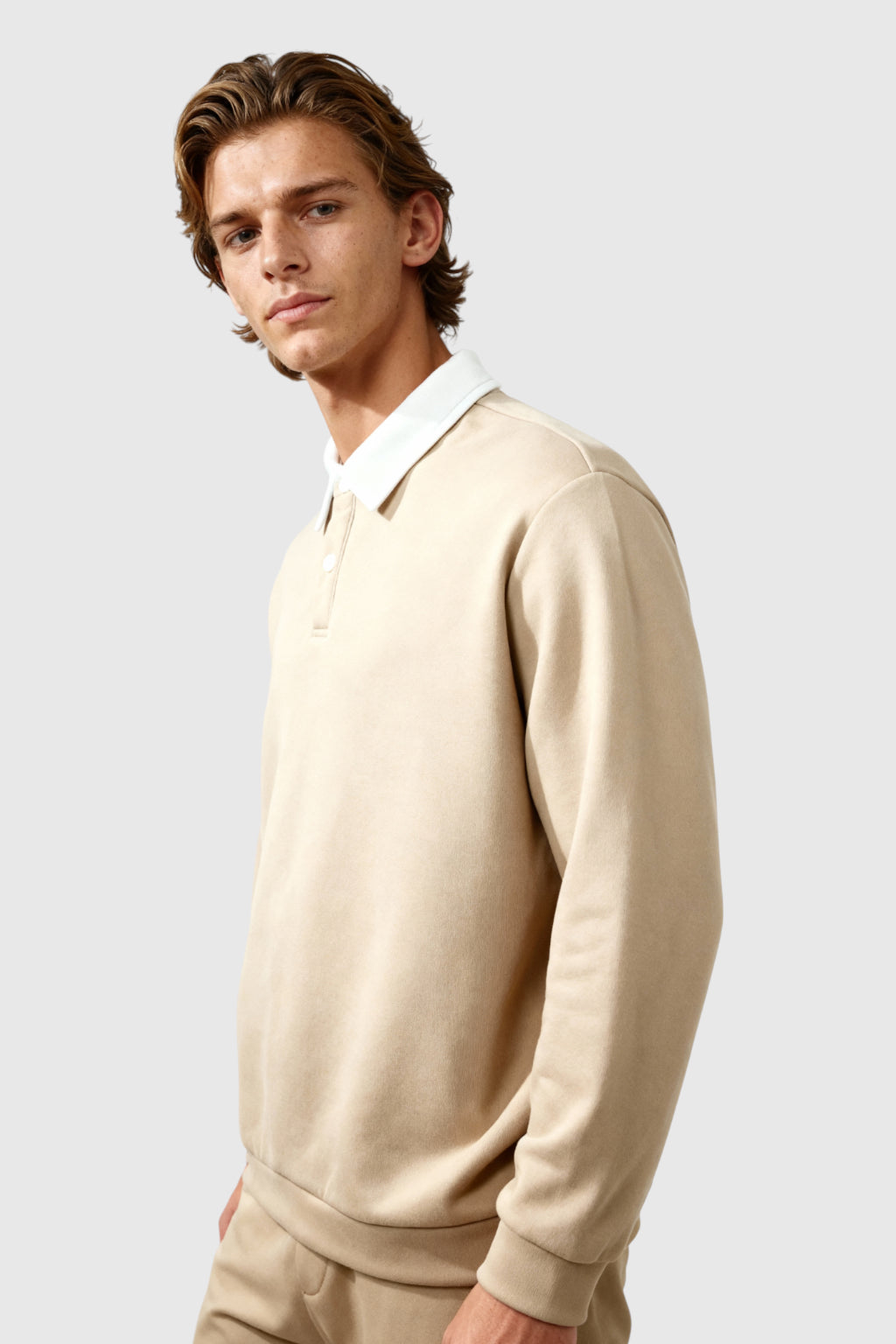 Herre Sweatshirt med Kontrastkrave og Polokrave – Beige