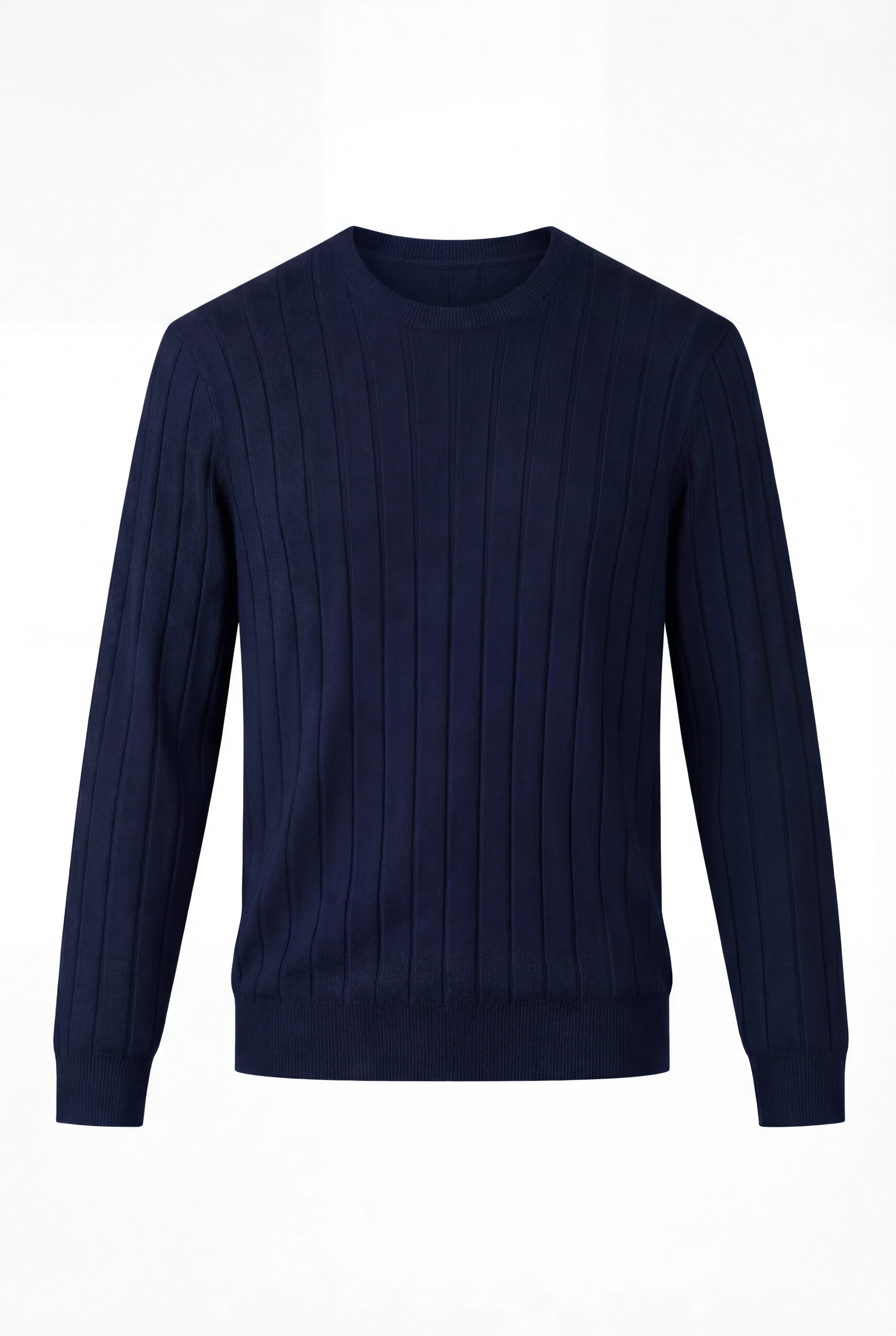 Ribstrikket herresweater med rund hals – Langærmet, navyblå