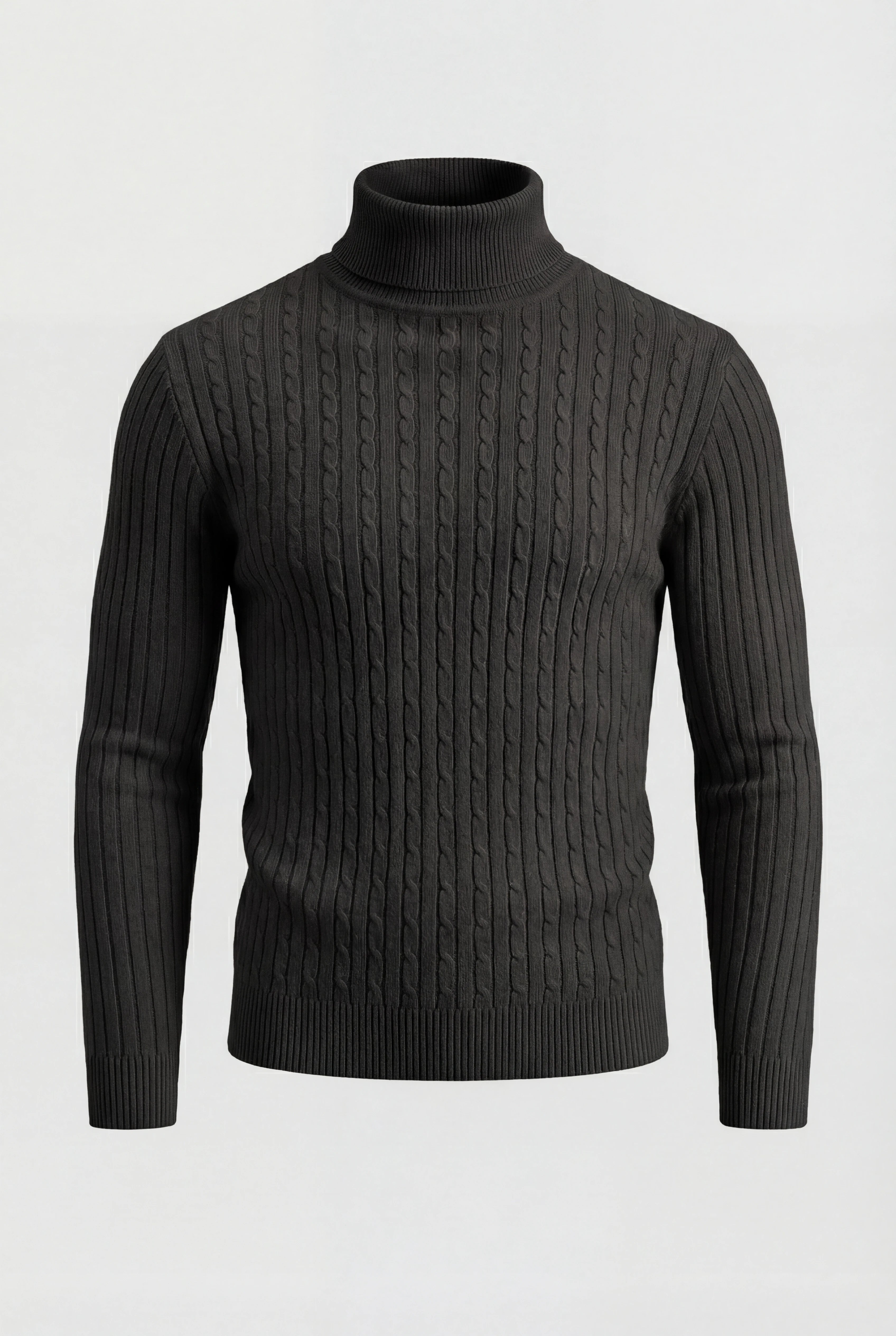 Herre rullekravesweater i kabelstrik med regular fit – Sort