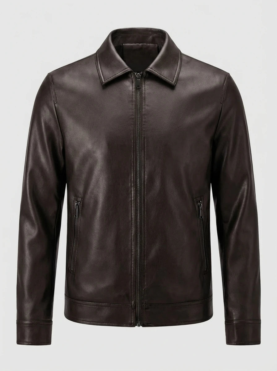Herrejakke med læderlook og lynlåslukning – Mørkebrun