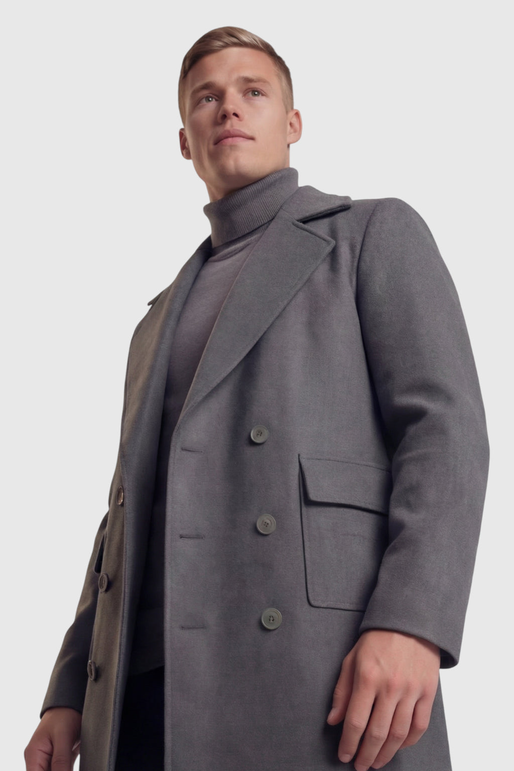 Herre Dobbeltradet Grå Uldfrakke med Klaplommer