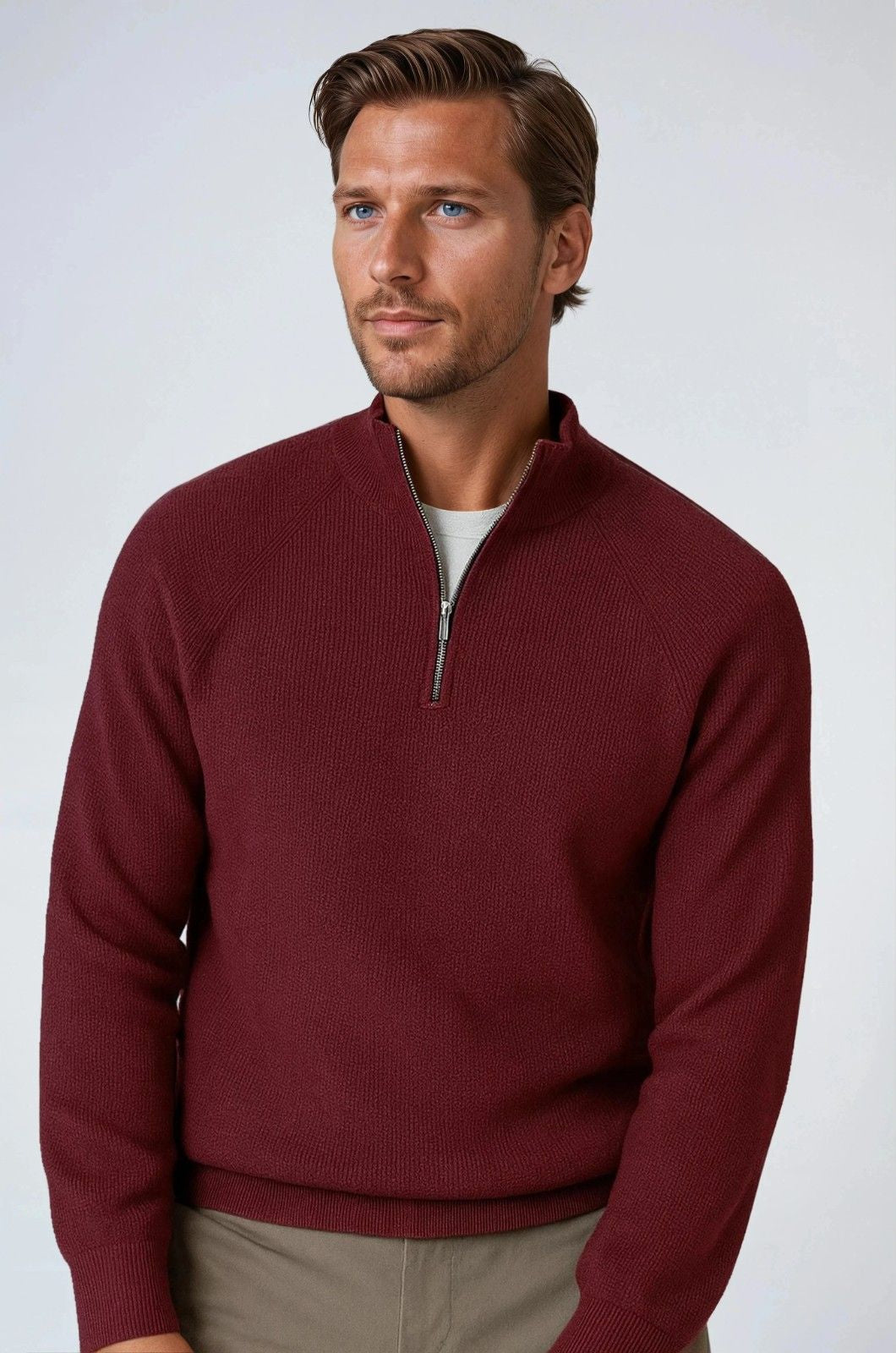 Herre Half-Zip Striktrøje med Ståkrave – Bourgogne - - Striktrøje - Valmont Wear