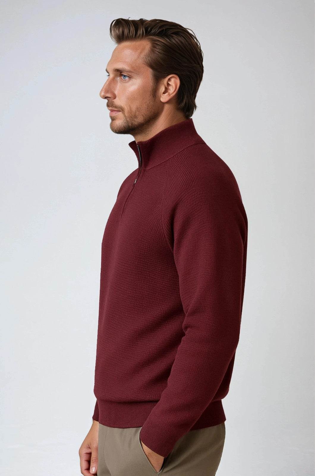Herre Half-Zip Striktrøje med Ståkrave – Bourgogne - - Striktrøje - Valmont Wear
