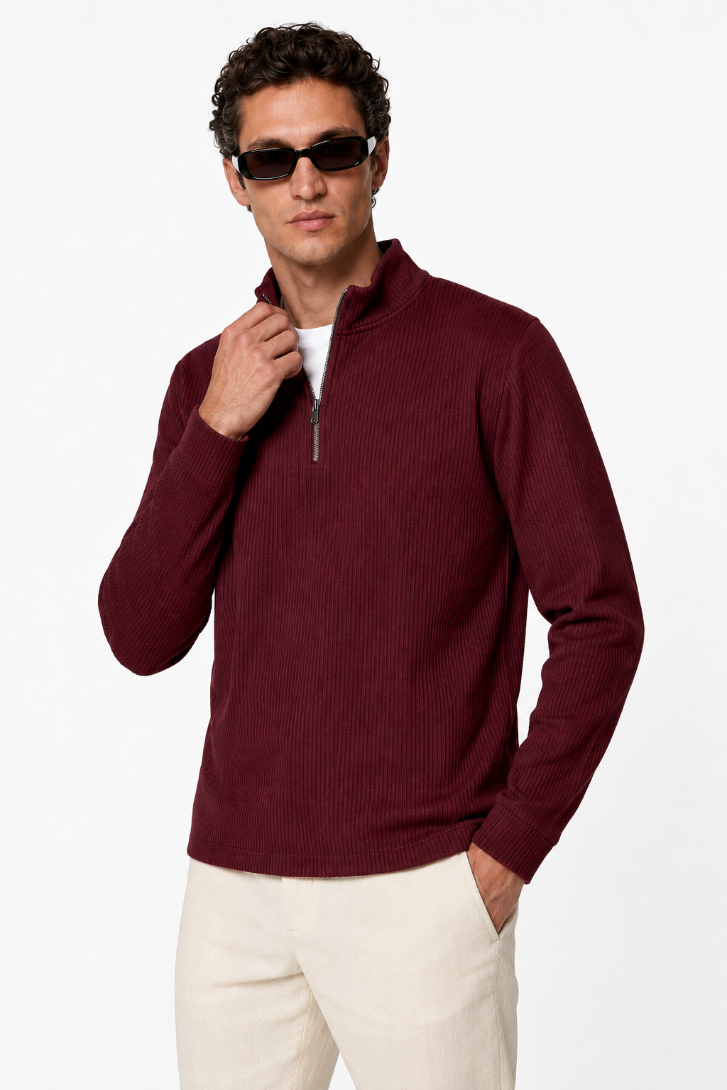 Herre Half-Zip Striktrøje i Bourgogne - Blød Bomuldsstrik med Klassisk Ståkrave - - Sweatre - Valmont Wear