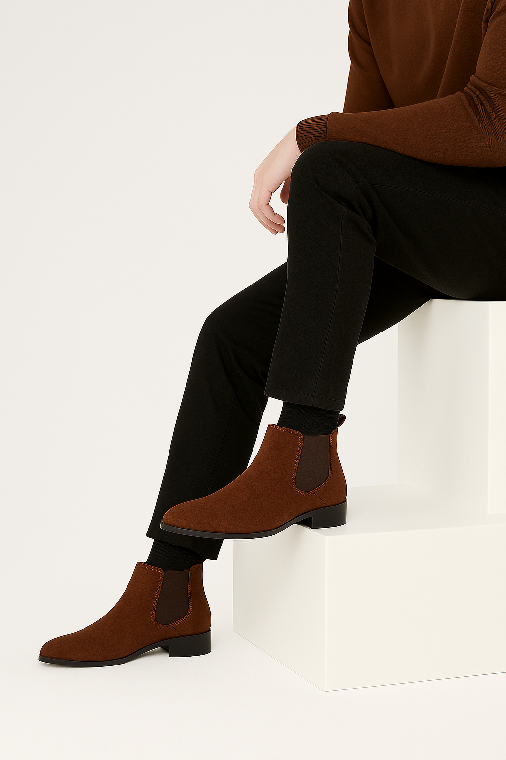 Minimalist Slip-On Chelsea Boots – Brun Ruskind-look, Elastiske Sidepaneler, Flad Hæl - - Boots - Valmont Wear