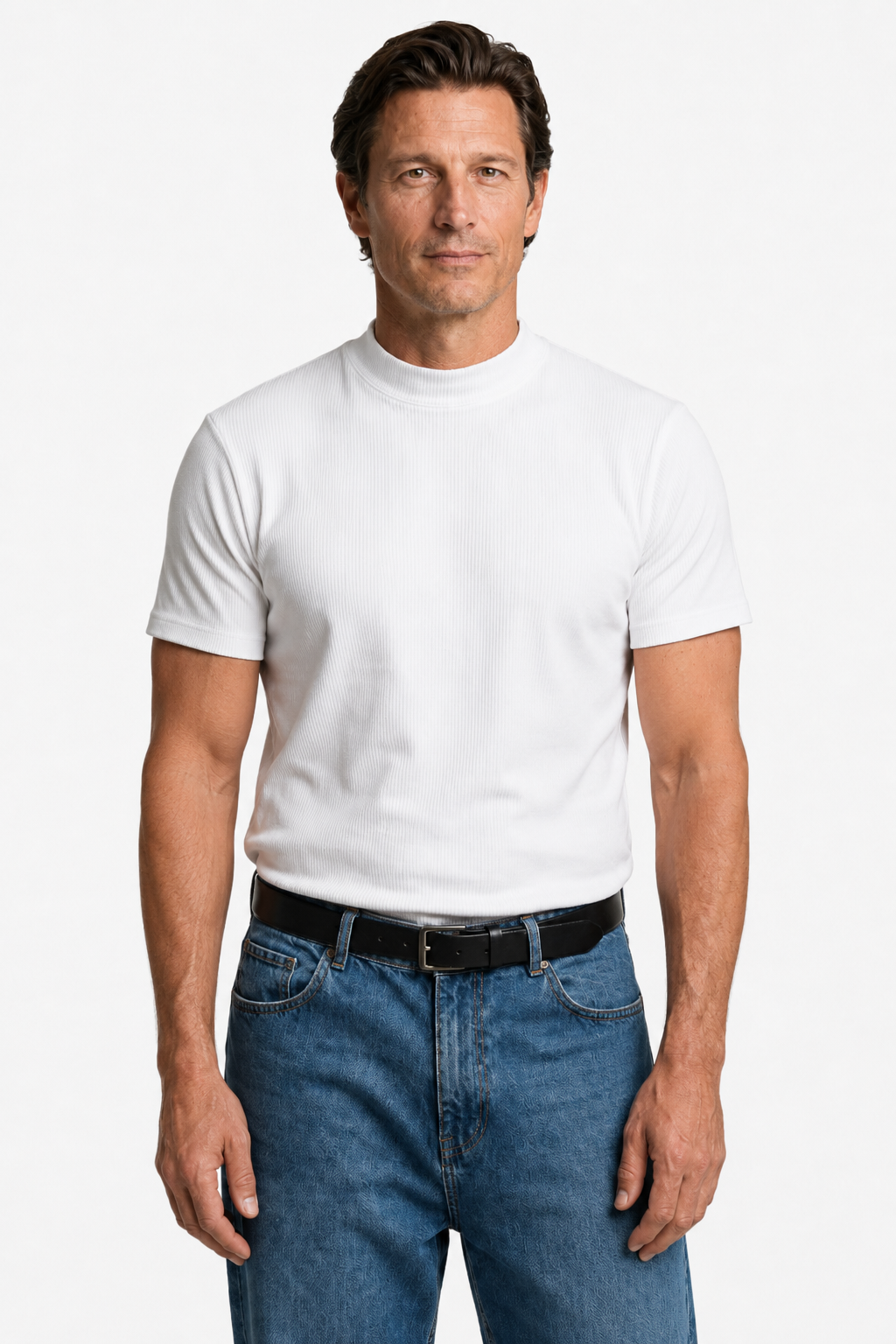 Hvid Ribstrikket Mock Neck T-Shirt til Mænd - Slim Fit Strik - - Herre T-shirts - Valmont Wear