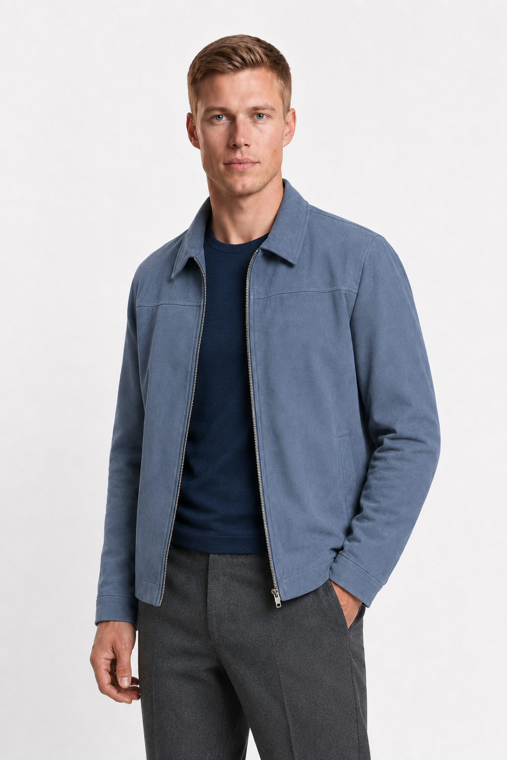 Herre Ruskindjakke Blå - Regular Fit Jakke i Ægte Ruskind med Lynlås - - Jakker - Valmont Wear