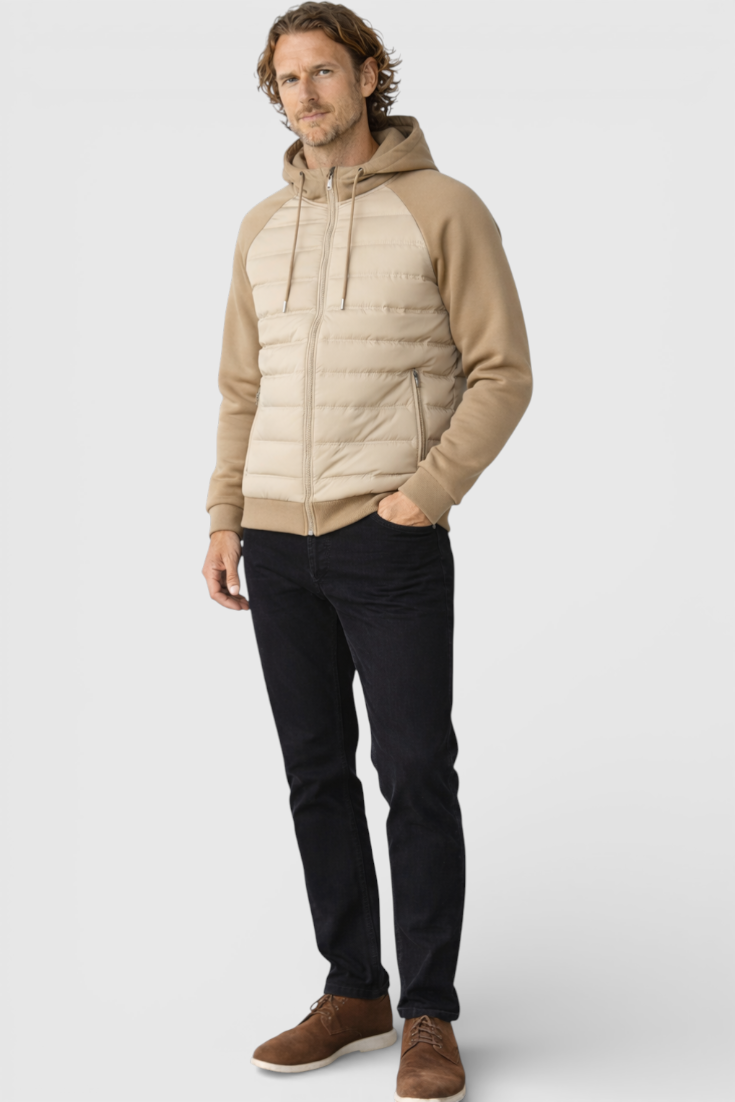 Løs pasform hættejakke med dun – Khaki Beige