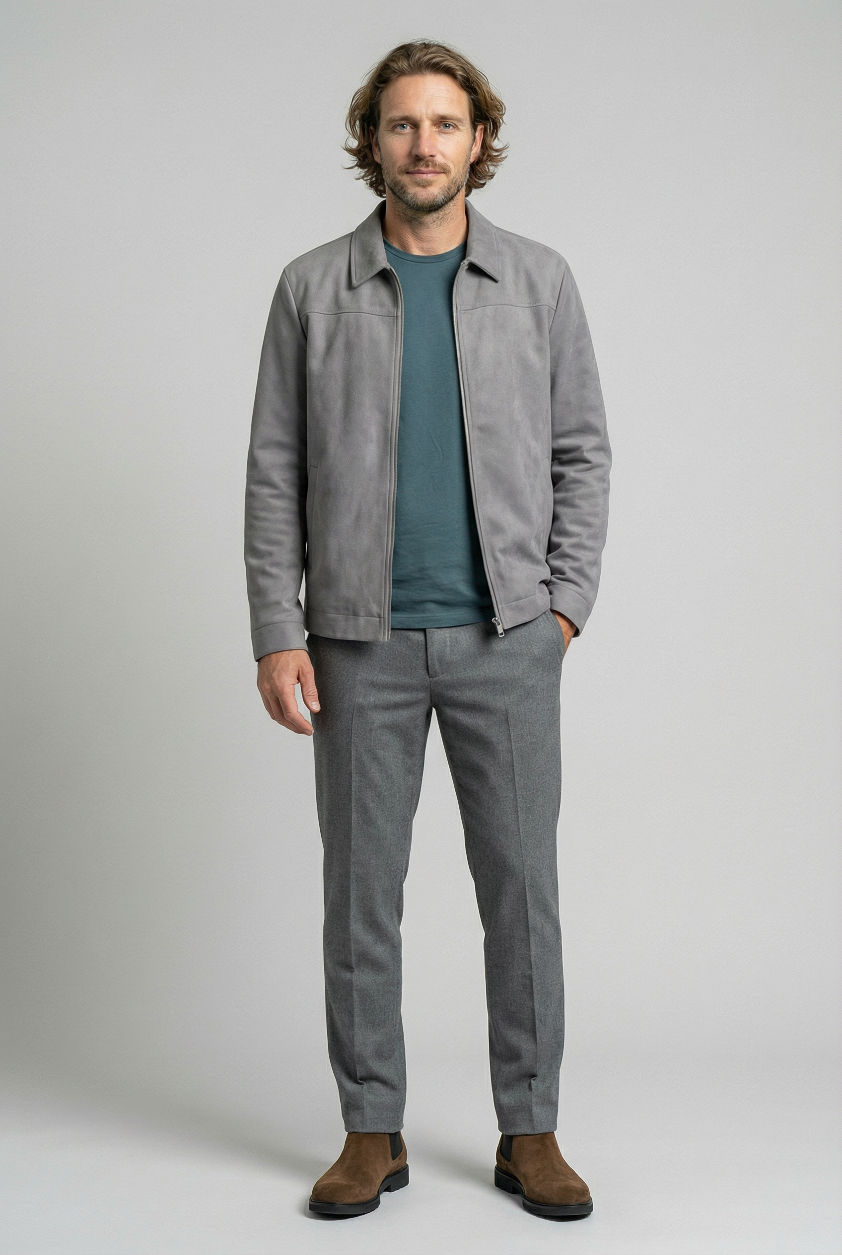 Lysegrå Suede Jakke til Mænd – Moderne Casual Jakke