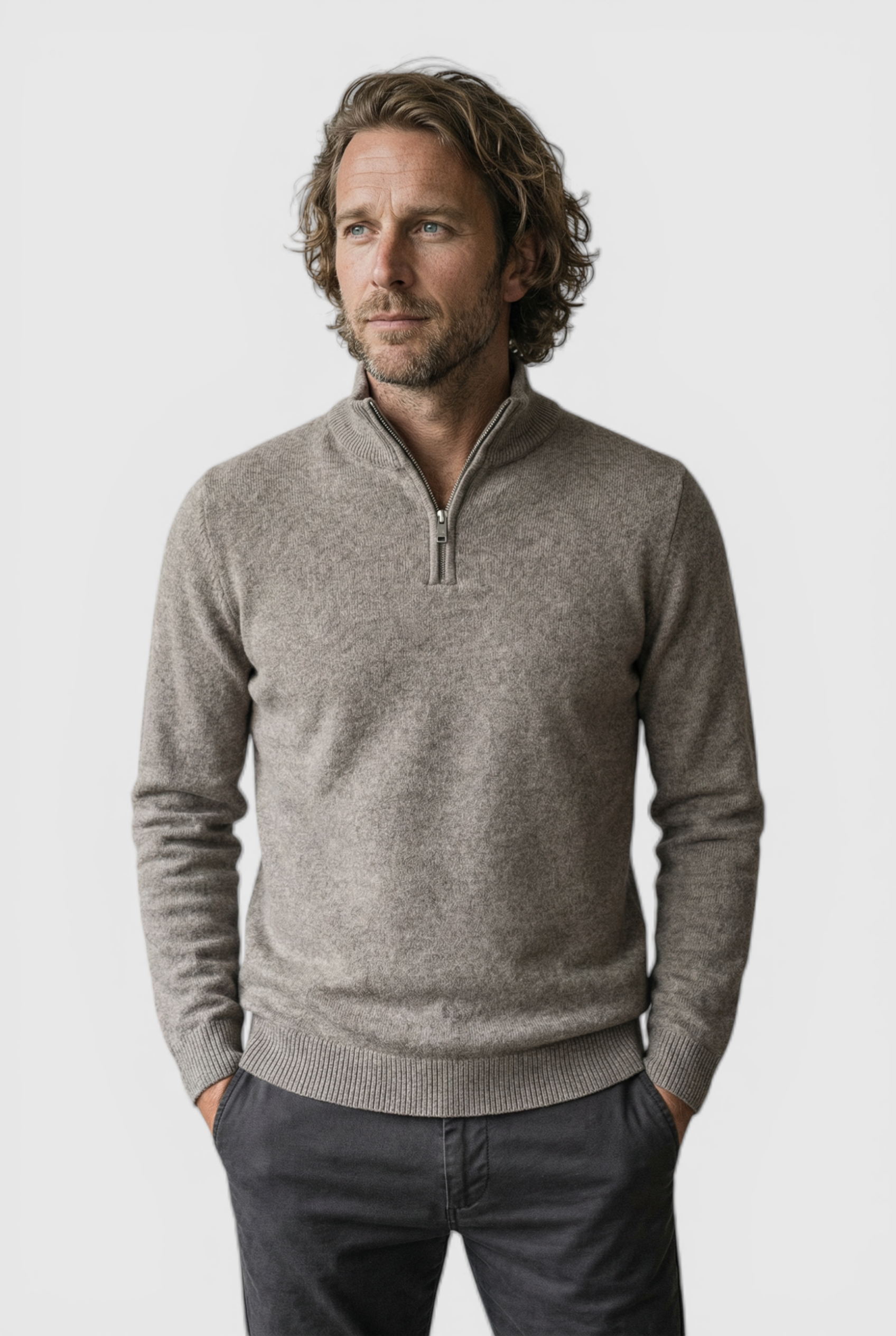 Herre Half-Zip Striktrøje med Ståkrave – Lys taupe