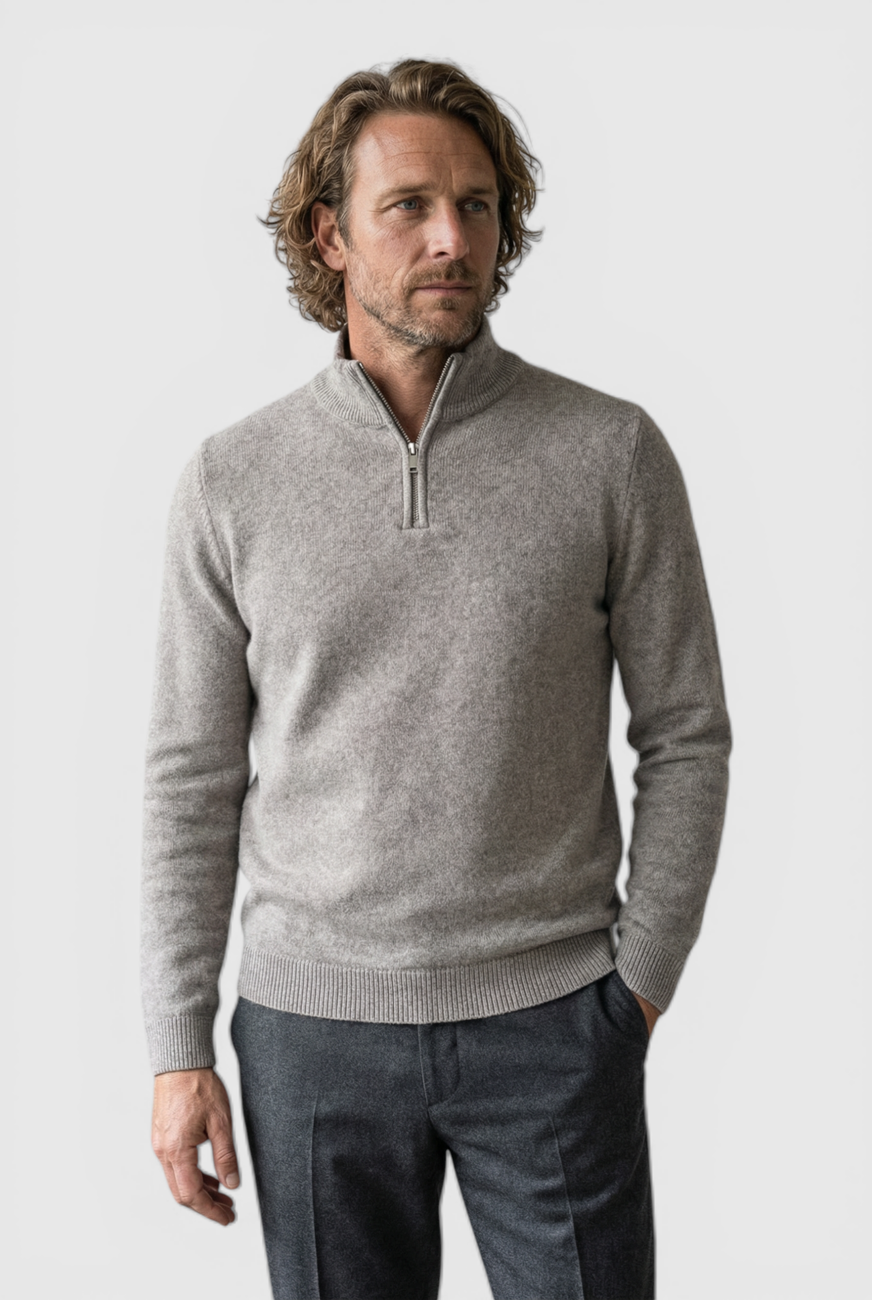 Herre Half-Zip Striktrøje med Ståkrave – Lys taupe