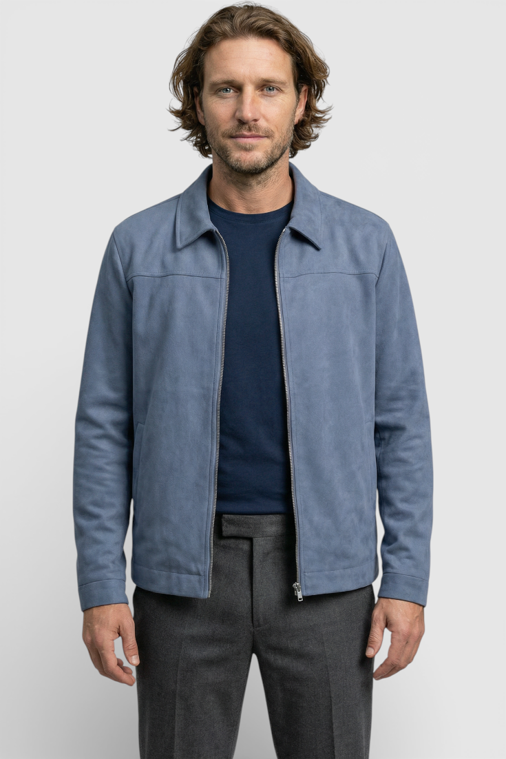Dusty Blue Suede Jakke til Mænd – Elegant og Alsidig Hverdagsjakke
