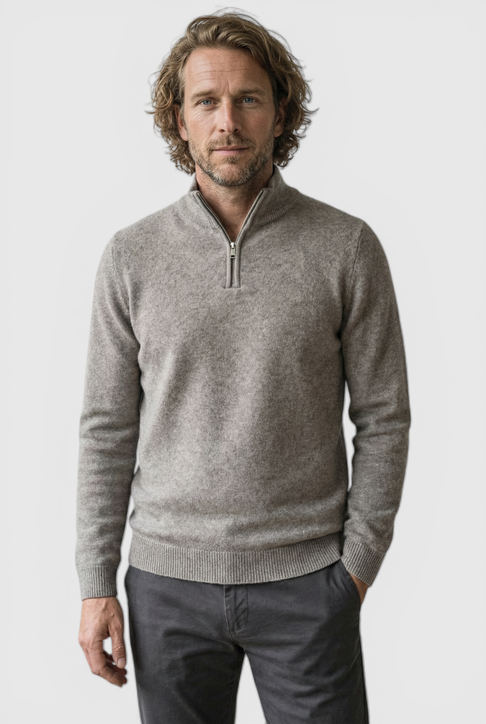 Herre Half-Zip Striktrøje med Ståkrave – Lys taupe